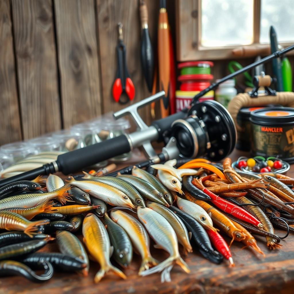 A vibrant still life depicting an array of fishing gear against a weathered wooden backdrop. In the foreground, a variety of live bait - nightcrawlers, minnows, and leeches - are neatly arranged. Beside them, a selection of bottom bouncers, Lindy rigs, and hooks of varying sizes and styles are carefully displayed. The middle ground features a fishing rod and reel, their sleek lines and metallic accents casting a subtle shine. In the background, a collection of fishing line, lures, and other tackle completes the scene, creating a sense of well-curated preparation for an upcoming angling expedition. Soft, natural lighting from an unseen window bathes the entire composition in a warm, inviting glow.