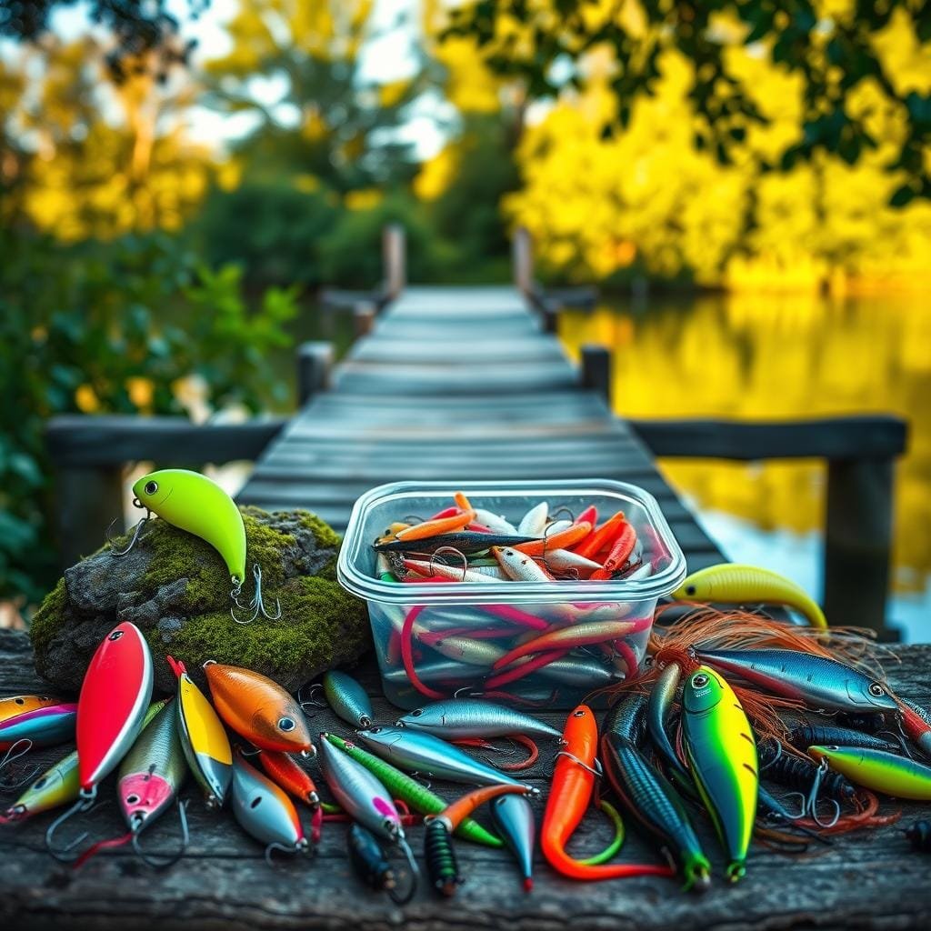 A vibrant still life showcasing an array of fishing lures and live bait against a natural backdrop. In the foreground, a selection of brightly colored artificial lures in various shapes and sizes, including spinners, crankbaits, and soft plastic worms. In the middle ground, a container of live bait, such as worms, minnows, and crickets, nestled among moss-covered rocks. The background features a wooden dock or pier leading out to a calm, reflective lake or pond, with lush foliage and a warm, golden-hour lighting that casts a gentle glow over the scene. The overall mood is one of anticipation and the promise of a successful fishing expedition. A vibrant still life showcasing an array of fishing lures and live bait against a natural backdrop. In the foreground, a selection of brightly colored artificial lures in various shapes and sizes, including spinners, crankbaits, and soft plastic worms. In the middle ground, a container of live bait, such as worms, minnows, and crickets, nestled among moss-covered rocks. The background features a wooden dock or pier leading out to a calm, reflective lake or pond, with lush foliage and a warm, golden-hour lighting that casts a gentle glow over the scene. The overall mood is one of anticipation and the promise of a successful fishing expedition.