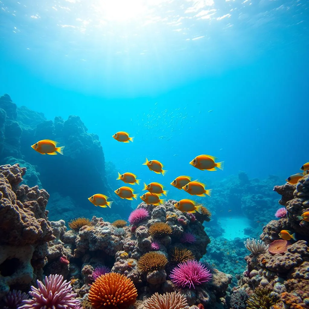 A vibrant underwater reef scene illuminated by soft, diffused lighting. In the foreground, a school of colorful triggerfish dart amongst the intricate shapes of coral and rocky outcroppings. The middle ground features a diverse array of marine life, including schools of smaller fish, anemones, and vibrant sponges. The background reveals the deeper, blue-hued depths of the reef, with shafts of light filtering down. The overall atmosphere is one of a thriving, lush ecosystem teeming with life.