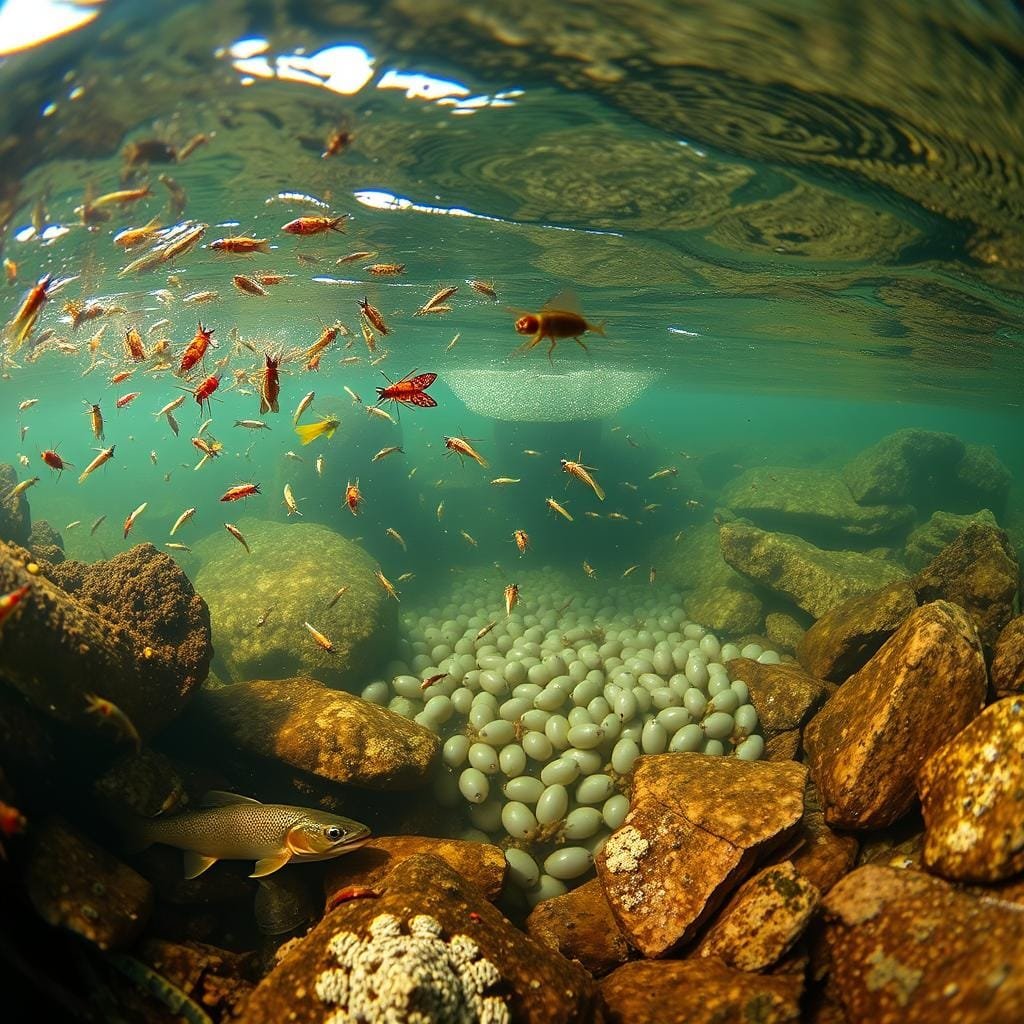 A vibrant underwater scene, captured with a wide-angle lens, showcasing the diverse array of prey categories that a brook trout may encounter. In the foreground, a swarm of insects and crustaceans dance amidst the rippling water surface, while worms and small fish dart between the submerged rocks and vegetation. Deeper in the middle ground, a school of eggs hovers near the riverbed, surrounded by a variety of aquatic life. The soft, diffused lighting casts a warm, natural glow, highlighting the rich textures and colors of this thriving ecosystem. The overall mood is one of abundance and natural vitality, capturing the essential sustenance that a brook trout relies upon in its habitat.