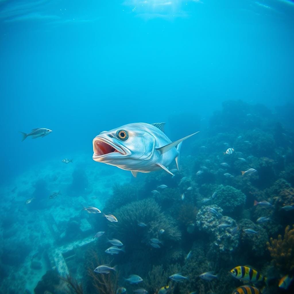 A vibrant underwater scene captures a bluefish hunting its prey. In the foreground, the sleek, silvery-blue body of the bluefish cuts through the water, its mouth agape as it pursues a small school of baitfish. The middle ground reveals a diverse array of marine life, including schools of smaller fish, swaying seaweed, and the occasional coral formation. The background is filled with a sense of depth, with the faint outline of a sunlit surface above and the mysterious blue hues of the deep ocean below. The lighting is soft and diffused, casting a serene and ethereal glow over the entire scene. The camera angle is slightly elevated, providing a dynamic perspective that showcases the bluefish's predatory prowess. A vibrant underwater scene captures a bluefish hunting its prey. In the foreground, the sleek, silvery-blue body of the bluefish cuts through the water, its mouth agape as it pursues a small school of baitfish. The middle ground reveals a diverse array of marine life, including schools of smaller fish, swaying seaweed, and the occasional coral formation. The background is filled with a sense of depth, with the faint outline of a sunlit surface above and the mysterious blue hues of the deep ocean below. The lighting is soft and diffused, casting a serene and ethereal glow over the entire scene. The camera angle is slightly elevated, providing a dynamic perspective that showcases the bluefish's predatory prowess.