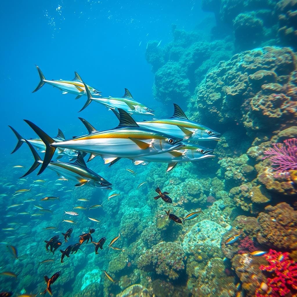A vibrant underwater scene capturing the feeding habits of the mahi mahi (also known as the dolphinfish). In the foreground, a school of silvery mahi mahi gracefully gliding through the azure waters, their streamlined bodies in pursuit of a bountiful array of smaller fish. In the middle ground, a diverse array of marine life, from schools of glistening baitfish to crustaceans and other smaller prey, providing a rich feast for the mahi mahi. The background is filled with a lush coral reef, its vibrant hues and intricate structures creating a mesmerizing backdrop. Soft, diffused lighting illuminates the scene, casting a warm, natural glow and accentuating the dynamic movements of the mahi mahi as they hunt their prey.