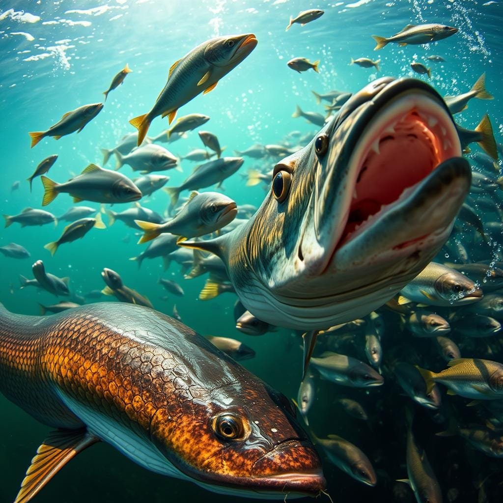 A vibrant underwater scene featuring muskies and other gamefish, their mouths agape, in the midst of a feeding frenzy. Sunlight filters through the water, illuminating their powerful, scaled bodies as they chase and consume their prey. In the foreground, a muskie with fierce, piercing eyes and sharp teeth dominates the frame, while smaller fish dart and scatter around it. The middle ground showcases a diverse array of gamefish, each with their unique markings and adaptations, engaging in the natural cycle of predator and prey. The background fades into a hazy, aquatic landscape, suggesting the vastness of the underwater world. The overall composition conveys the dynamic, yet delicate balance of life within this aquatic ecosystem, inviting the viewer to separate myth from fact about the feeding behaviors of these magnificent creatures.