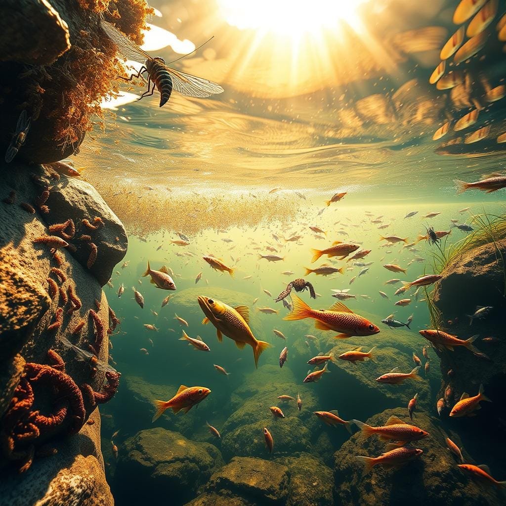 A vibrant underwater scene in a river or stream, showcasing the diverse array of aquatic invertebrates that form the everyday menu for brown trout. In the foreground, mayflies, caddisflies, and stoneflies cling to submerged rocks, their delicate wings and bodies rendered in intricate detail. In the middle ground, schools of small minnows and other baitfish dart through the clear, gently flowing water, while larger crayfish and dragonfly nymphs lurk among the aquatic plants. The background features a gently sloping riverbed, with sunlight filtering down through the surface, casting a warm, golden glow over the entire scene. The overall composition conveys the richness and abundance of the aquatic ecosystem that sustains the brown trout's diet. A vibrant underwater scene in a river or stream, showcasing the diverse array of aquatic invertebrates that form the everyday menu for brown trout. In the foreground, mayflies, caddisflies, and stoneflies cling to submerged rocks, their delicate wings and bodies rendered in intricate detail. In the middle ground, schools of small minnows and other baitfish dart through the clear, gently flowing water, while larger crayfish and dragonfly nymphs lurk among the aquatic plants. The background features a gently sloping riverbed, with sunlight filtering down through the surface, casting a warm, golden glow over the entire scene. The overall composition conveys the richness and abundance of the aquatic ecosystem that sustains the brown trout's diet.