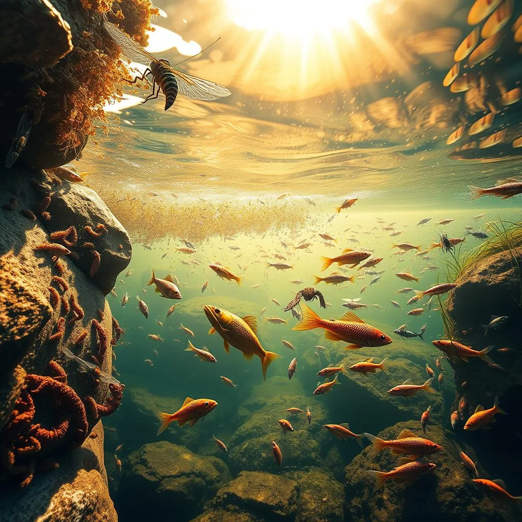 A vibrant underwater scene in a river or stream, showcasing the diverse array of aquatic invertebrates that form the everyday menu for brown trout. In the foreground, mayflies, caddisflies, and stoneflies cling to submerged rocks, their delicate wings and bodies rendered in intricate detail. In the middle ground, schools of small minnows and other baitfish dart through the clear, gently flowing water, while larger crayfish and dragonfly nymphs lurk among the aquatic plants. The background features a gently sloping riverbed, with sunlight filtering down through the surface, casting a warm, golden glow over the entire scene. The overall composition conveys the richness and abundance of the aquatic ecosystem that sustains the brown trout's diet. A vibrant underwater scene in a river or stream, showcasing the diverse array of aquatic invertebrates that form the everyday menu for brown trout. In the foreground, mayflies, caddisflies, and stoneflies cling to submerged rocks, their delicate wings and bodies rendered in intricate detail. In the middle ground, schools of small minnows and other baitfish dart through the clear, gently flowing water, while larger crayfish and dragonfly nymphs lurk among the aquatic plants. The background features a gently sloping riverbed, with sunlight filtering down through the surface, casting a warm, golden glow over the entire scene. The overall composition conveys the richness and abundance of the aquatic ecosystem that sustains the brown trout's diet.