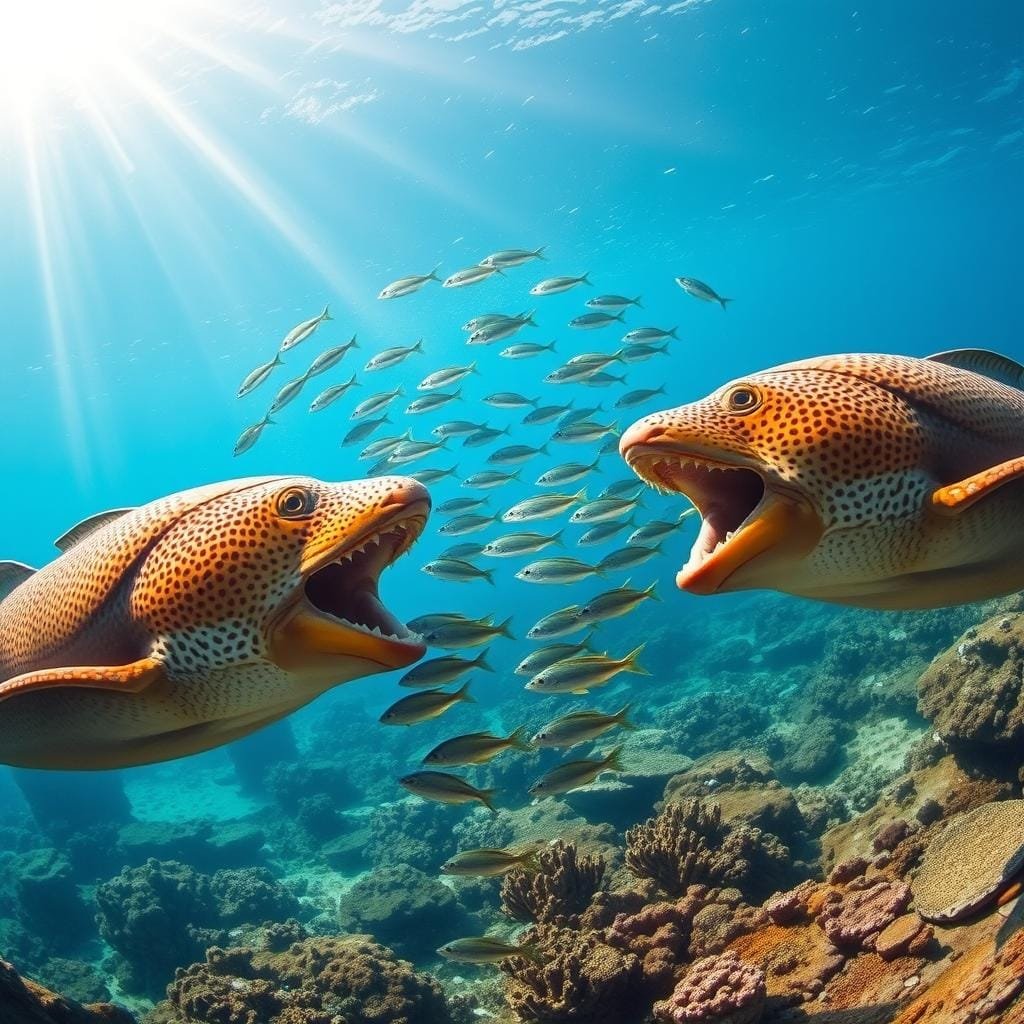 A vibrant underwater scene showcases a dynamic partnership between giant moray eels and cooperative hunting groupers. In the foreground, two massive moray eels undulate gracefully, their jaws agape as they pursue a school of small fish. Groupers dart between the eels, herding the prey towards their open mouths. Rays of sunlight filter through the clear blue water, casting a warm glow on the scene. In the middle ground, more groupers and moray eels join the hunt, their synchronized movements creating a mesmerizing dance. The background is filled with a lush coral reef, teeming with diverse marine life. The overall atmosphere is one of seamless teamwork and natural wonder, capturing the essence of this unique predatory relationship.
