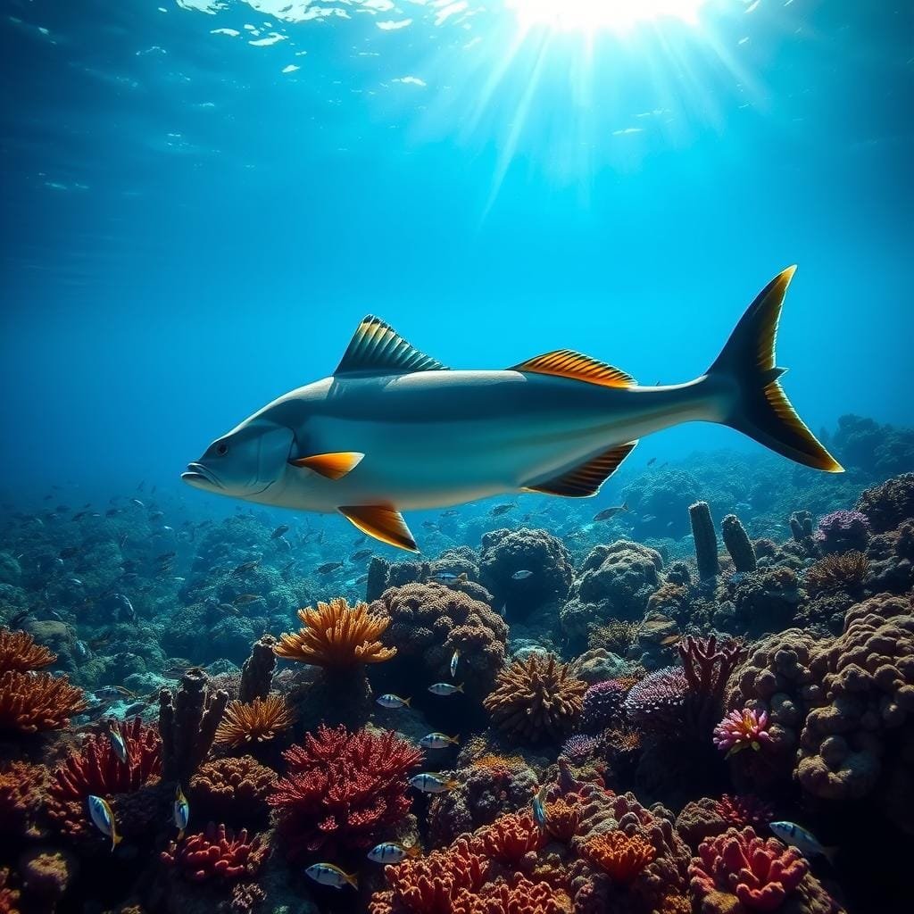 A vibrant underwater scene showcasing a cobia swimming gracefully through a reef, with a diverse array of its prey in the foreground. The cobia's streamlined body and distinctive dorsal fin are rendered in photorealistic detail, casting shadows on the seafloor below. In the middle ground, schools of smaller fish dart between the vibrant coral formations, while in the background, a sunlit surface filters down, illuminating the tranquil waters. The lighting is soft and natural, capturing the serene and captivating essence of the cobia's underwater habitat and the diverse ecosystem it inhabits.