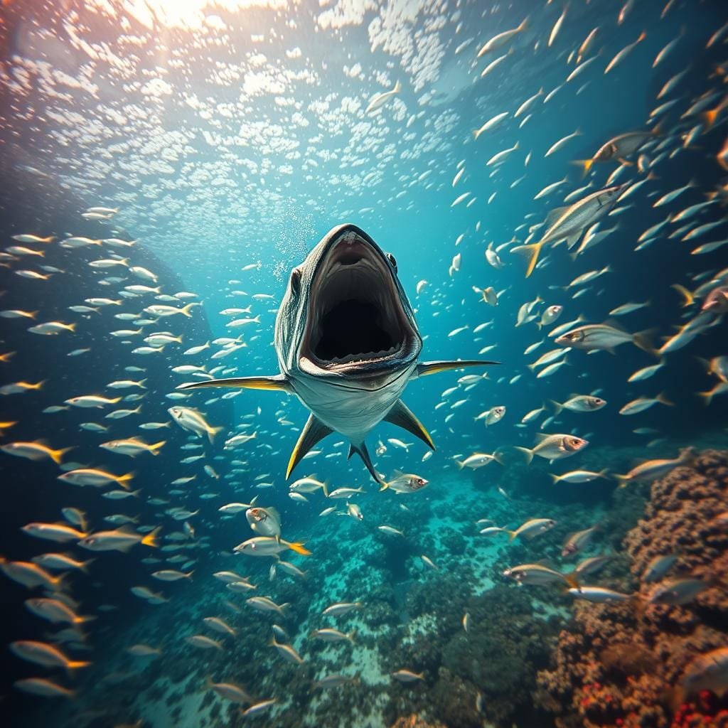 A vibrant underwater scene showcasing a diverse array of baitfish, including shimmering schools of sardines, anchovies, and silversides. In the foreground, a majestic king mackerel emerges, its powerful jaws open, ready to strike. The middle ground features a kaleidoscope of smaller prey species darting for cover, their iridescent scales catching the filtered sunlight. In the background, a reef teeming with coral and marine life creates a lush, dynamic backdrop. The lighting is soft and diffuse, casting a warm, golden glow throughout the composition. The camera angle is slightly low, capturing the scene from the perspective of the baitfish, emphasizing the predatory presence of the king mackerel above.