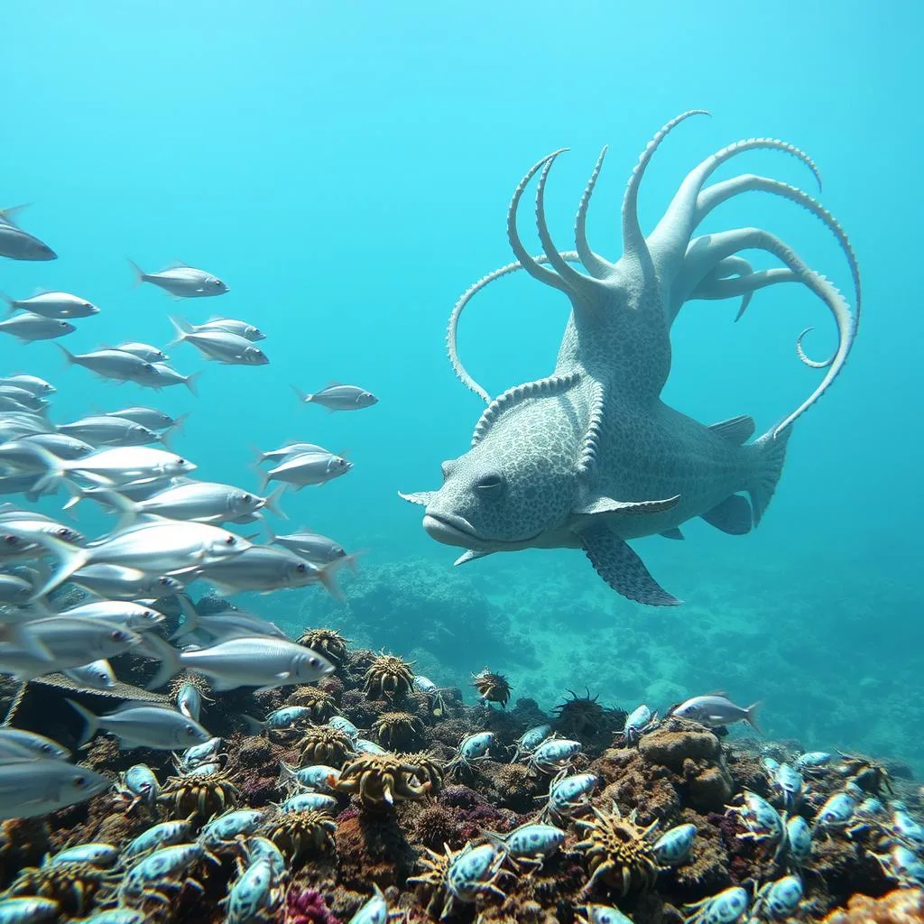 A vibrant underwater scene showcasing the core prey categories of a grouper's diet. In the foreground, a school of silvery fish dart through the water, their scales glinting in the soft, diffused lighting. Alongside them, spiny crustaceans scurry across the rocky seafloor, their armored bodies casting dramatic shadows. In the middle ground, a majestic cephalopod, its tentacles undulating gracefully, commands attention with its mesmerizing movement. The background is a hazy, blue-green expanse, suggesting the depth and vastness of the ocean habitat. The overall composition conveys the diversity and abundance of the grouper's primary food sources, captured in a serene, naturalistic style.