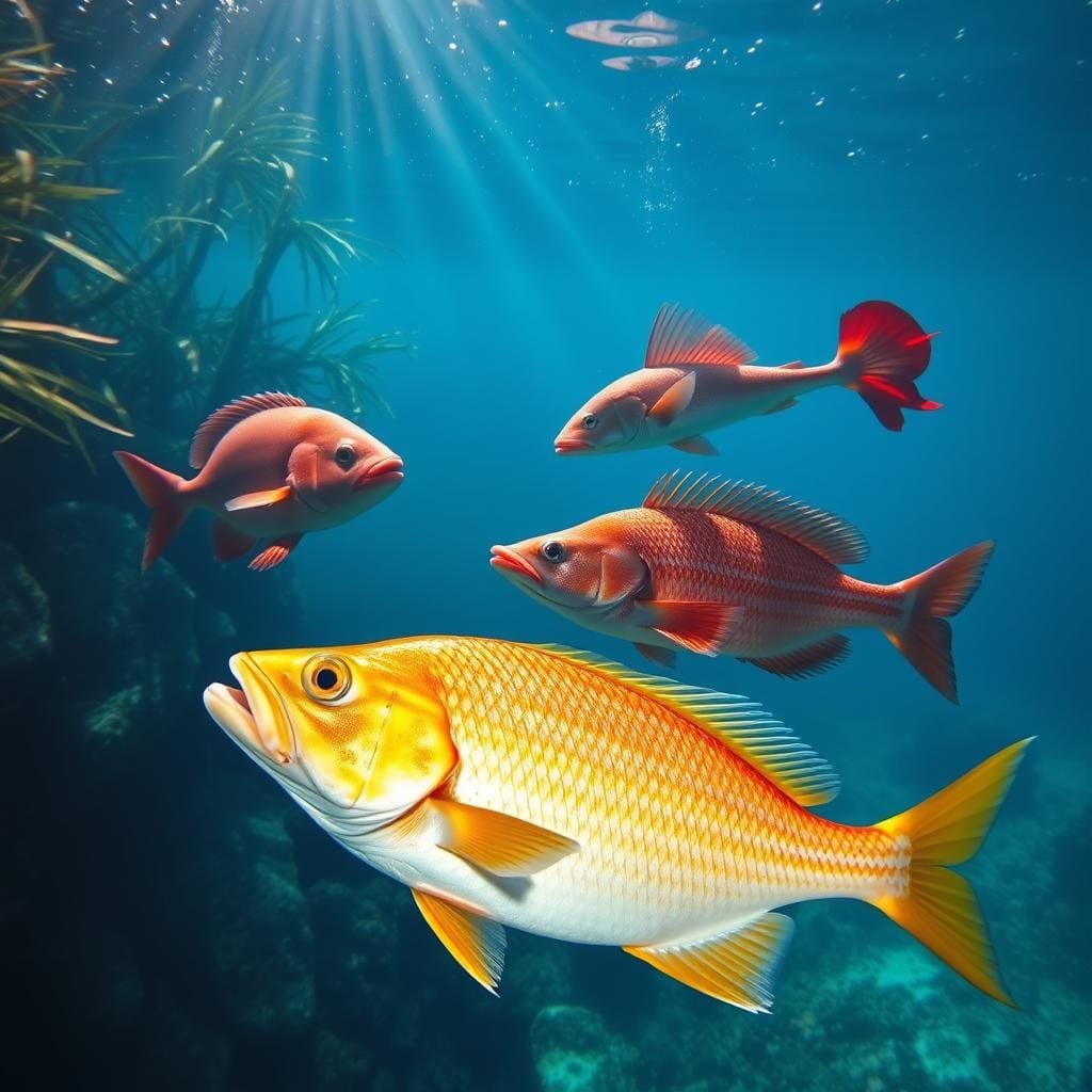 A vibrant underwater scene showcasing the distinct flavors of four snapper species. In the foreground, a golden yellowtail snapper swims gracefully, its iridescent scales catching the dappled light. In the middle ground, a mangrove snapper darts among the swaying fronds, its deep red hues shimmering. Nearby, a majestic mutton snapper prowls, its broad body and prominent forehead creating an imposing silhouette. In the background, a vermillion snapper hovers, its crimson fins flaring as it surveys the scene. The water is crystal clear, allowing the varied textures and colors of the snappers to stand out in high definition. Soft beams of light filter down from the surface, creating an ethereal, almost otherworldly atmosphere.