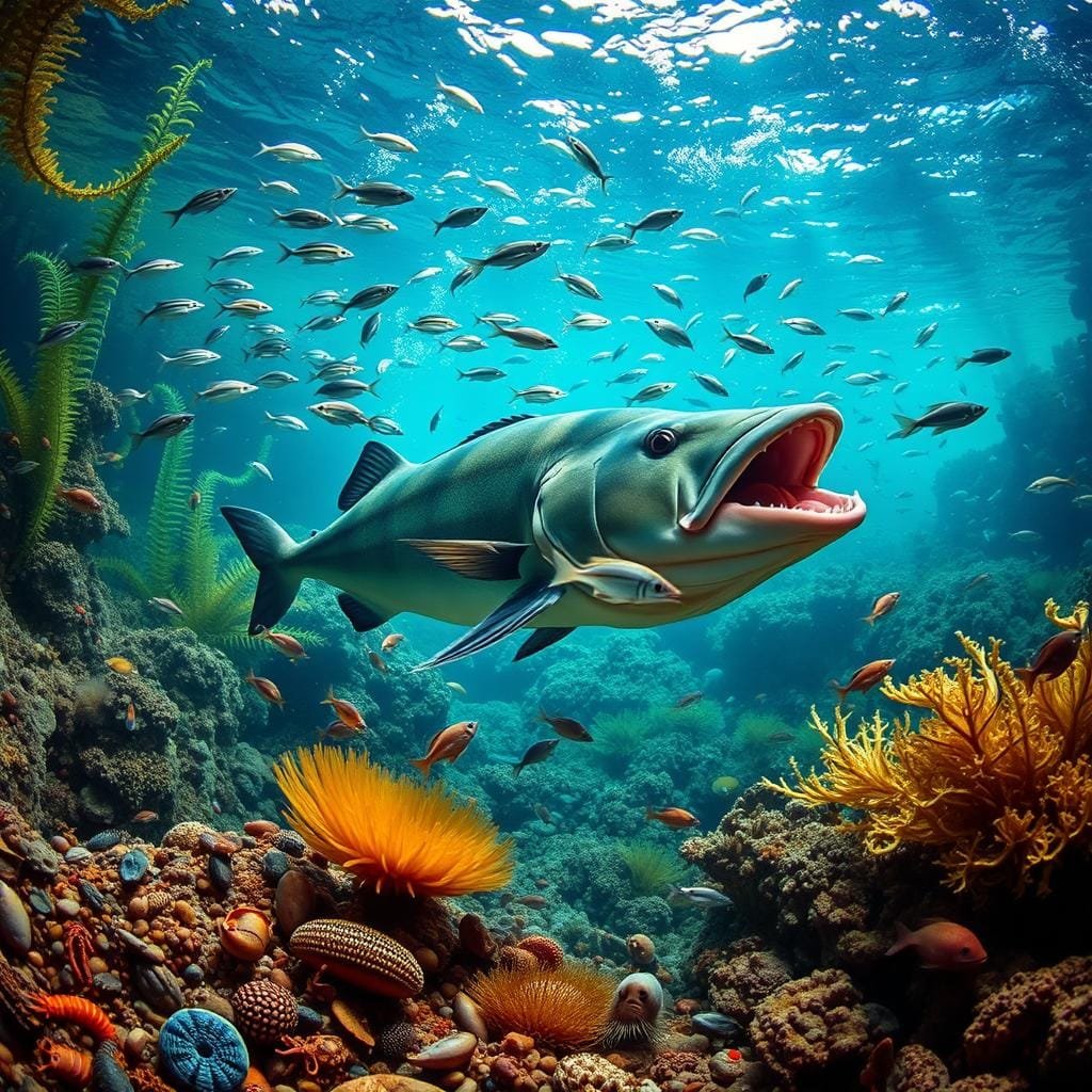 A vibrant underwater scene showcasing the diverse feeding habits of the Chilean seabass, also known as the Patagonian toothfish. In the foreground, a large seabass gracefully swimming and hunting, its jaws open, revealing sharp teeth ready to grasp its prey. Surrounding it, a school of smaller fish dart and scatter, evading the seabass's pursuit. In the middle ground, a variety of marine life is captured, including crustaceans, mollusks, and other bottom-dwelling creatures that make up the seabass's diet. The background is filled with lush kelp forests and rocky formations, creating a rich, three-dimensional environment. The lighting is soft and natural, casting a warm, ambient glow throughout the scene, highlighting the vibrant colors and textures of the underwater ecosystem.