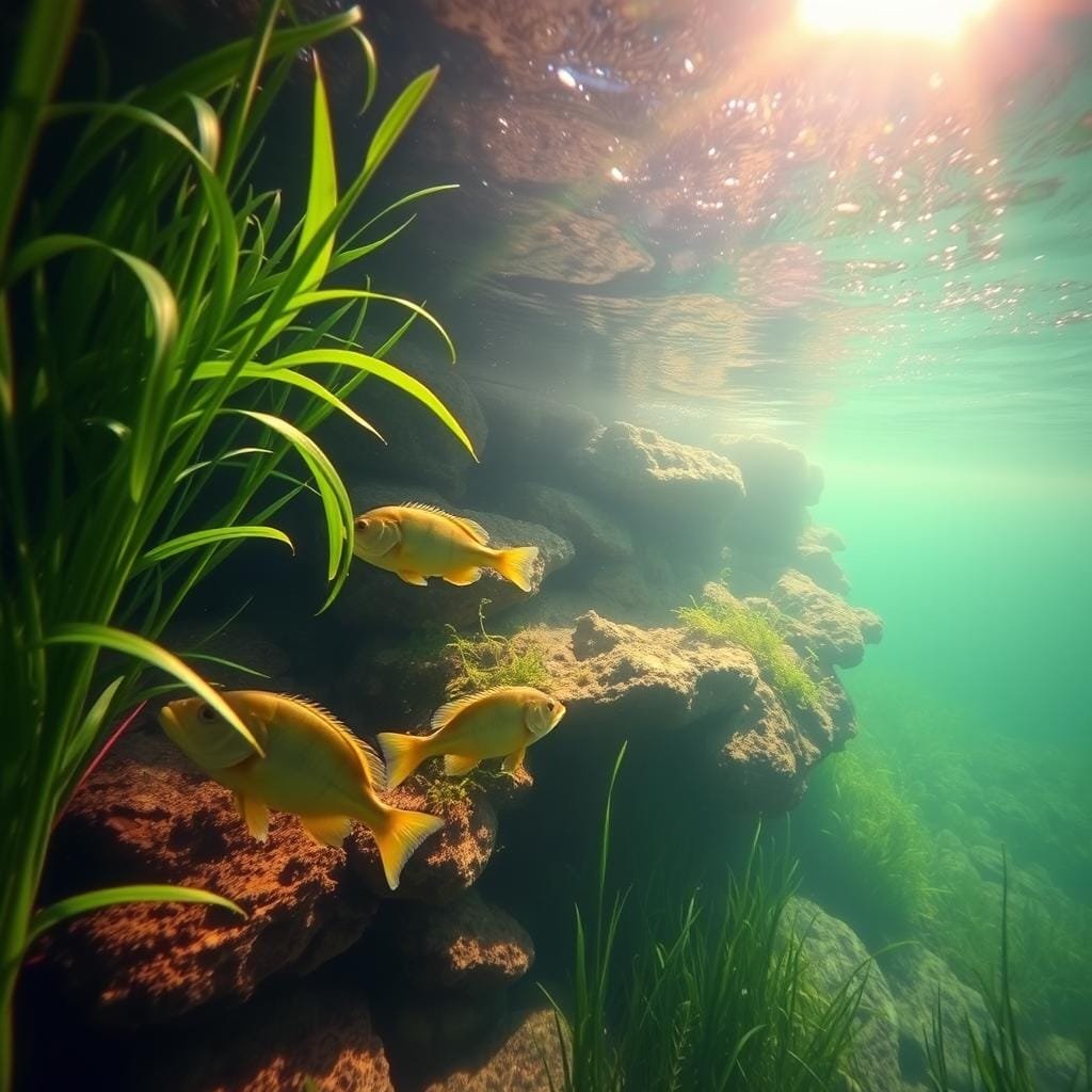 A vibrant underwater scene showcasing the habitat and foraging zones of the yellow perch. In the foreground, lush aquatic vegetation sways gently, providing shelter and hiding spots for the fish. The middle ground depicts a rocky, diverse substrate with crevices and overhanging ledges, where perch can ambush small prey. In the background, a sunlit surface gently ripples, casting warm, diffused lighting that illuminates the dynamic ecosystem. The scene conveys a sense of balance and abundance, with the perch seamlessly integrated into their natural microhabitat.