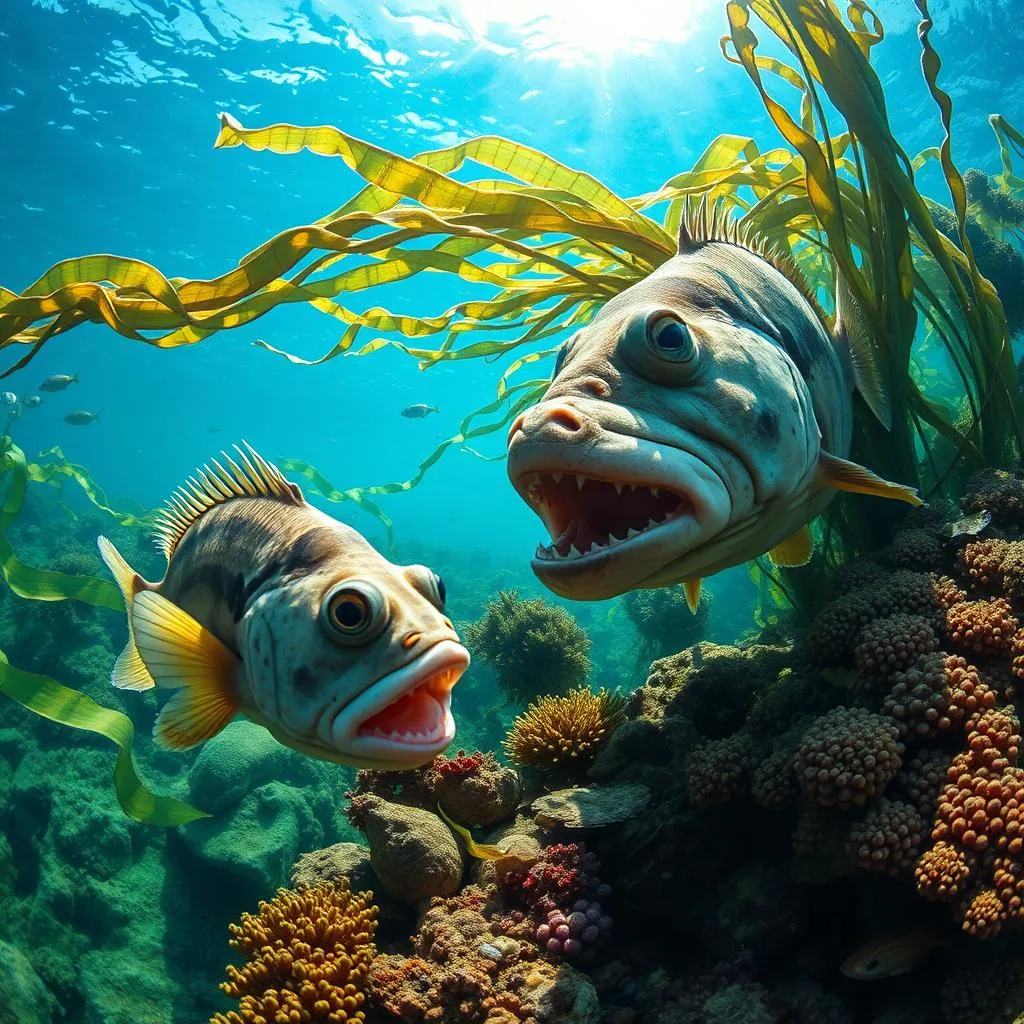 A vibrant underwater scene showcasing the ontogenetic diet shift of the sheepshead fish. In the foreground, a juvenile sheepshead with a compact body and small protruding teeth nibbles on algae and small crustaceans. In the middle ground, an adult sheepshead with a larger, more robust frame and prominent, crushing teeth grazes on larger prey like mussels and oysters. The background features a lush seascape of swaying kelp, schools of smaller fish, and dappled sunlight filtering through the clear blue-green water, creating a sense of natural harmony. Captured with a wide-angle lens and natural lighting to convey the dynamic ecosystem the sheepshead inhabits throughout its lifespan.