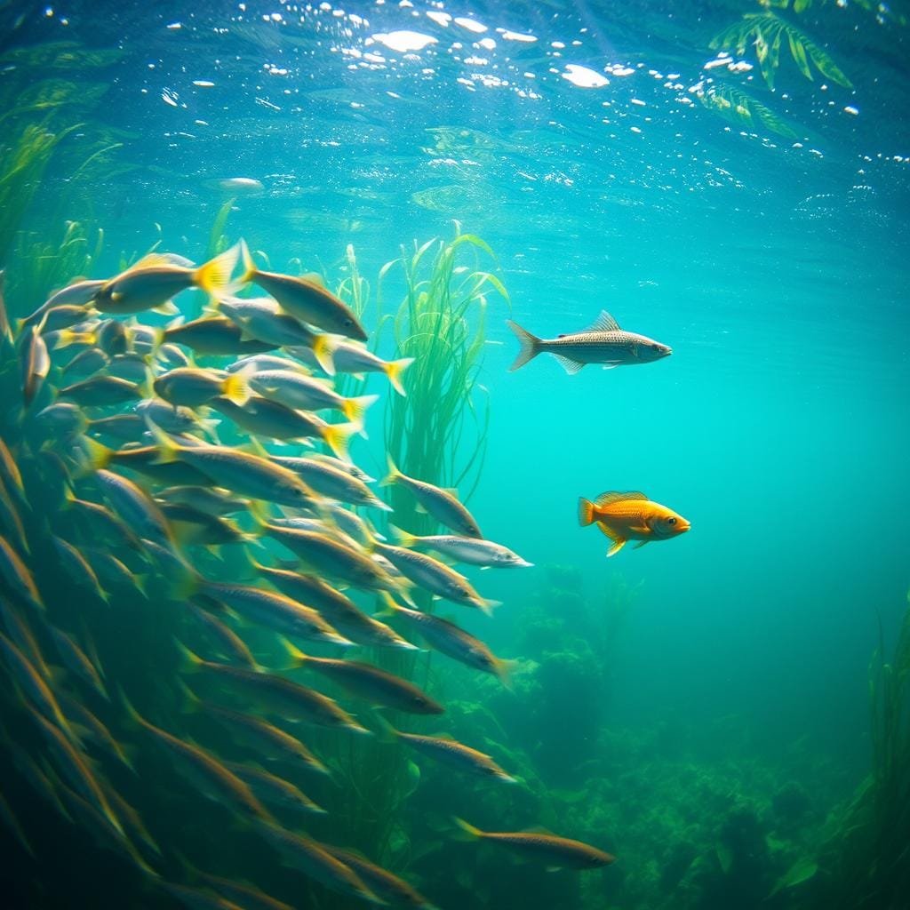 A vibrant underwater scene showcasing the preferred prey of the mighty muskie. In the foreground, a school of soft-rayed forage fish, their fins gently undulating as they drift through the clear waters. In the middle ground, a high-energy target, a sleek and powerful baitfish, darts through the scene, its scales glimmering in the dappled sunlight filtering down from the surface. The background is a lush, verdant seascape, with swaying aquatic plants and a sense of depth and tranquility. The lighting is natural and diffuse, creating a sense of depth and atmosphere. The camera angle is slightly elevated, giving a broad, panoramic view of the underwater hunting ground.
