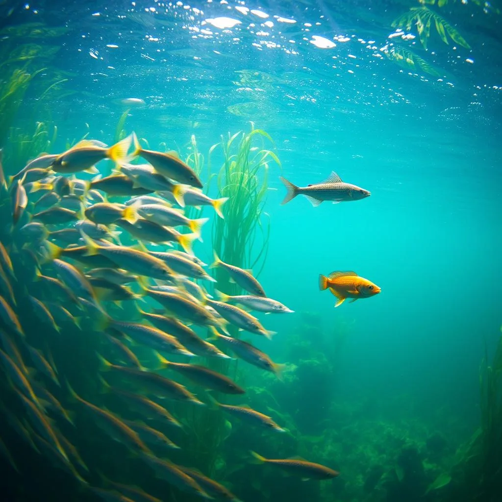A vibrant underwater scene showcasing the preferred prey of the mighty muskie. In the foreground, a school of soft-rayed forage fish, their fins gently undulating as they drift through the clear waters. In the middle ground, a high-energy target, a sleek and powerful baitfish, darts through the scene, its scales glimmering in the dappled sunlight filtering down from the surface. The background is a lush, verdant seascape, with swaying aquatic plants and a sense of depth and tranquility. The lighting is natural and diffuse, creating a sense of depth and atmosphere. The camera angle is slightly elevated, giving a broad, panoramic view of the underwater hunting ground. A vibrant underwater scene showcasing the preferred prey of the mighty muskie. In the foreground, a school of soft-rayed forage fish, their fins gently undulating as they drift through the clear waters. In the middle ground, a high-energy target, a sleek and powerful baitfish, darts through the scene, its scales glimmering in the dappled sunlight filtering down from the surface. The background is a lush, verdant seascape, with swaying aquatic plants and a sense of depth and tranquility. The lighting is natural and diffuse, creating a sense of depth and atmosphere. The camera angle is slightly elevated, giving a broad, panoramic view of the underwater hunting ground.