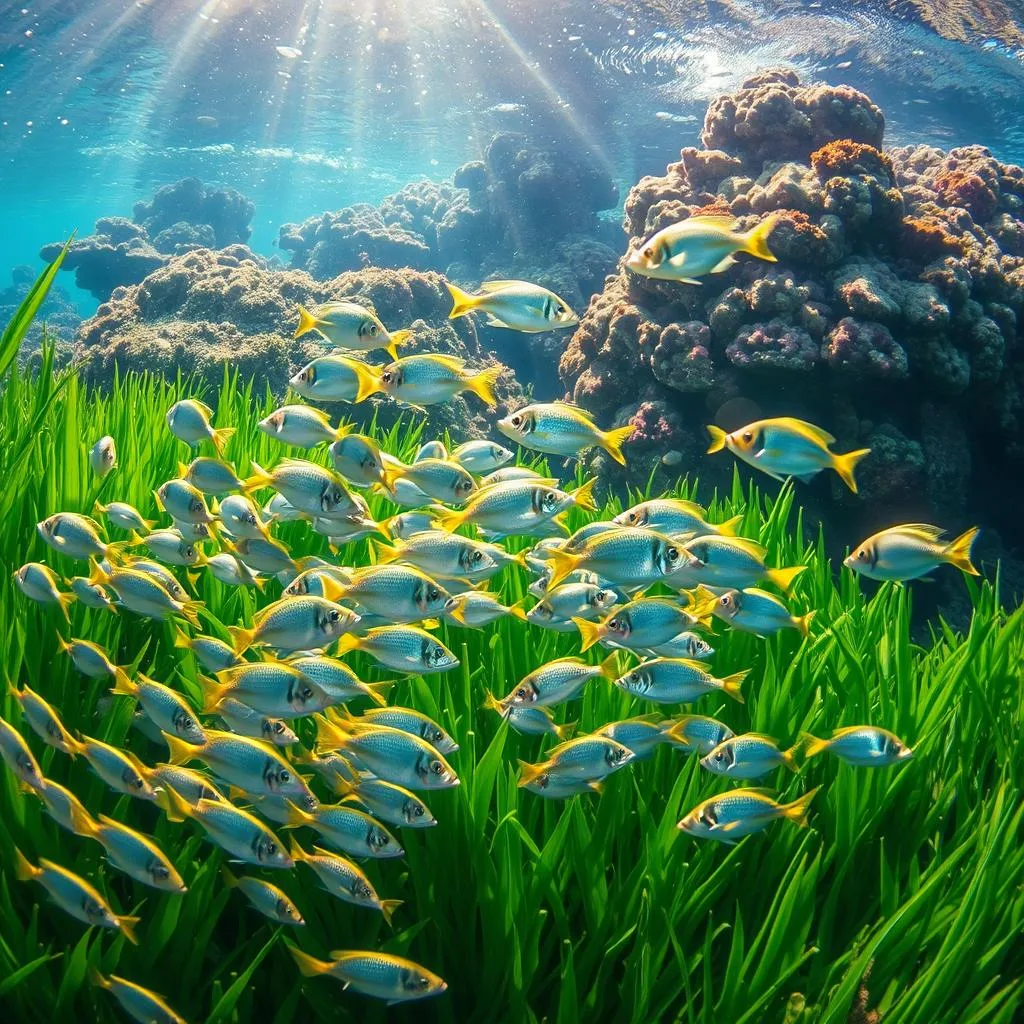 A vibrant underwater scene showcasing the rapid growth and foraging needs of juvenile pompano. In the foreground, a school of small pompano fry dart through lush seagrass beds, their silvery bodies shimmering under the warm, dappled sunlight filtering through the water. In the middle ground, larger juvenile pompano aggressively feed, their streamlined profiles and distinct yellow fins clearly visible as they pursue smaller baitfish. The background depicts a rich, biodiverse coral reef ecosystem, teeming with a variety of marine life that the young pompano rely on for sustenance. The scene conveys the energy, dynamism, and high nutritional requirements of this stage of the pompano life cycle. A vibrant underwater scene showcasing the rapid growth and foraging needs of juvenile pompano. In the foreground, a school of small pompano fry dart through lush seagrass beds, their silvery bodies shimmering under the warm, dappled sunlight filtering through the water. In the middle ground, larger juvenile pompano aggressively feed, their streamlined profiles and distinct yellow fins clearly visible as they pursue smaller baitfish. The background depicts a rich, biodiverse coral reef ecosystem, teeming with a variety of marine life that the young pompano rely on for sustenance. The scene conveys the energy, dynamism, and high nutritional requirements of this stage of the pompano life cycle.