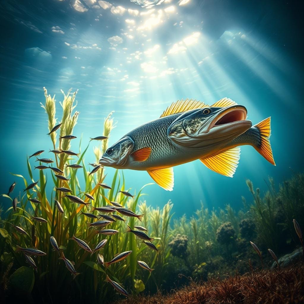 A vibrant underwater scene showcasing the seasonal diet of a walleye. In the foreground, a majestic walleye swims gracefully, its predatory gaze fixed on a school of minnows. The middle ground features a diverse array of aquatic vegetation, providing a natural habitat for the fish. In the background, shafts of soft, ambient light filter through the water, creating a serene and ethereal atmosphere. The image captures the walleye's adaptability, with the fish's coloration and behavior reflecting the changes in its seasonal food sources. A sense of balance and harmony pervades the scene, highlighting the delicate ecological relationships within the aquatic ecosystem.