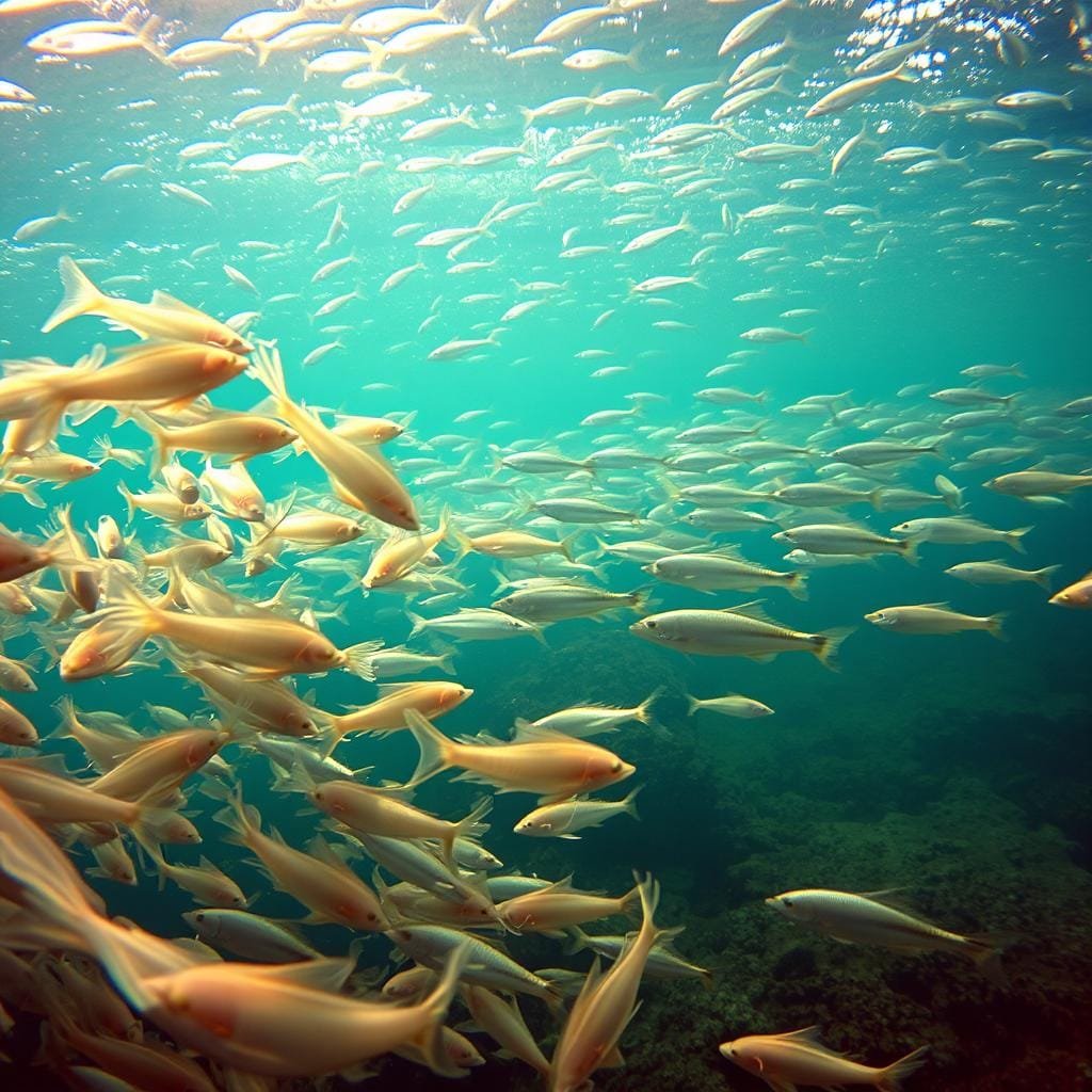 A vibrant underwater scene showcasing the seasonal forage of striped bass. In the foreground, a school of squid undulate gracefully, their tentacles rippling through the water. In the middle ground, a group of sand lance dart through the currents, their silver bodies flashing. In the background, schools of surface-feeding fish break the water's surface, creating a dynamic, shimmering backdrop. The lighting is soft and diffused, casting a warm, golden glow over the entire composition. The camera angle is slightly elevated, providing an expansive view of this productive marine ecosystem.