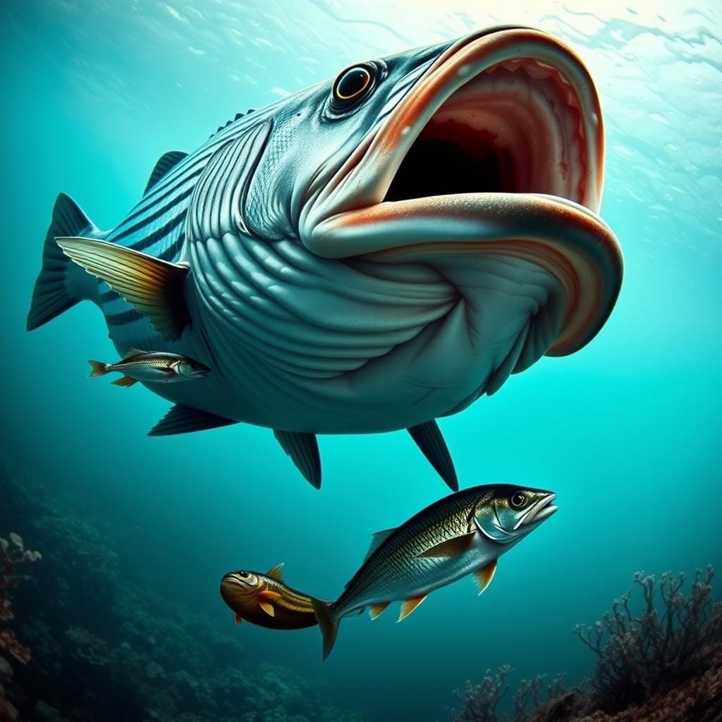 A vibrant underwater scene where a massive striped bass lurks, its jaws open wide as it prepares to devour a wriggling eel and a sleek mackerel. The bass's powerful musculature is etched in stark detail, its striped flanks illuminated by the gentle glow of the oceanic depths. The eel and mackerel dart through the water, their movements frozen in a moment of predatory tension. The background is a hazy, aquamarine expanse, with just a hint of coral and kelp to suggest the bass's natural habitat. Shot with a wide-angle lens to capture the dramatic scale and intensity of the predatory encounter, the lighting is moody and atmospheric, casting dramatic shadows and highlights across the scene.