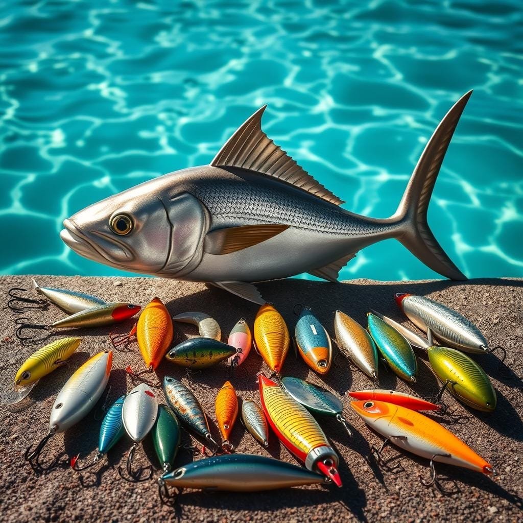 A vivid still life showcasing a selection of top-performing artificial lures for amberjack fishing. In the foreground, a diverse array of lures in various shapes, sizes, and colors - jigs, crankbaits, spoons, and swimbaits - are artfully arranged on a textured surface, casting dynamic shadows. The middle ground features a sleek, silver amberjack model in a lifelike pose, surrounded by a crisp, clear seawater backdrop. Soft, natural lighting illuminates the scene, creating depth and highlighting the lures' intricate details and the fish's metallic sheen. The overall composition conveys the precision, excitement, and effectiveness of these go-to artificial offerings for catching trophy amberjack.