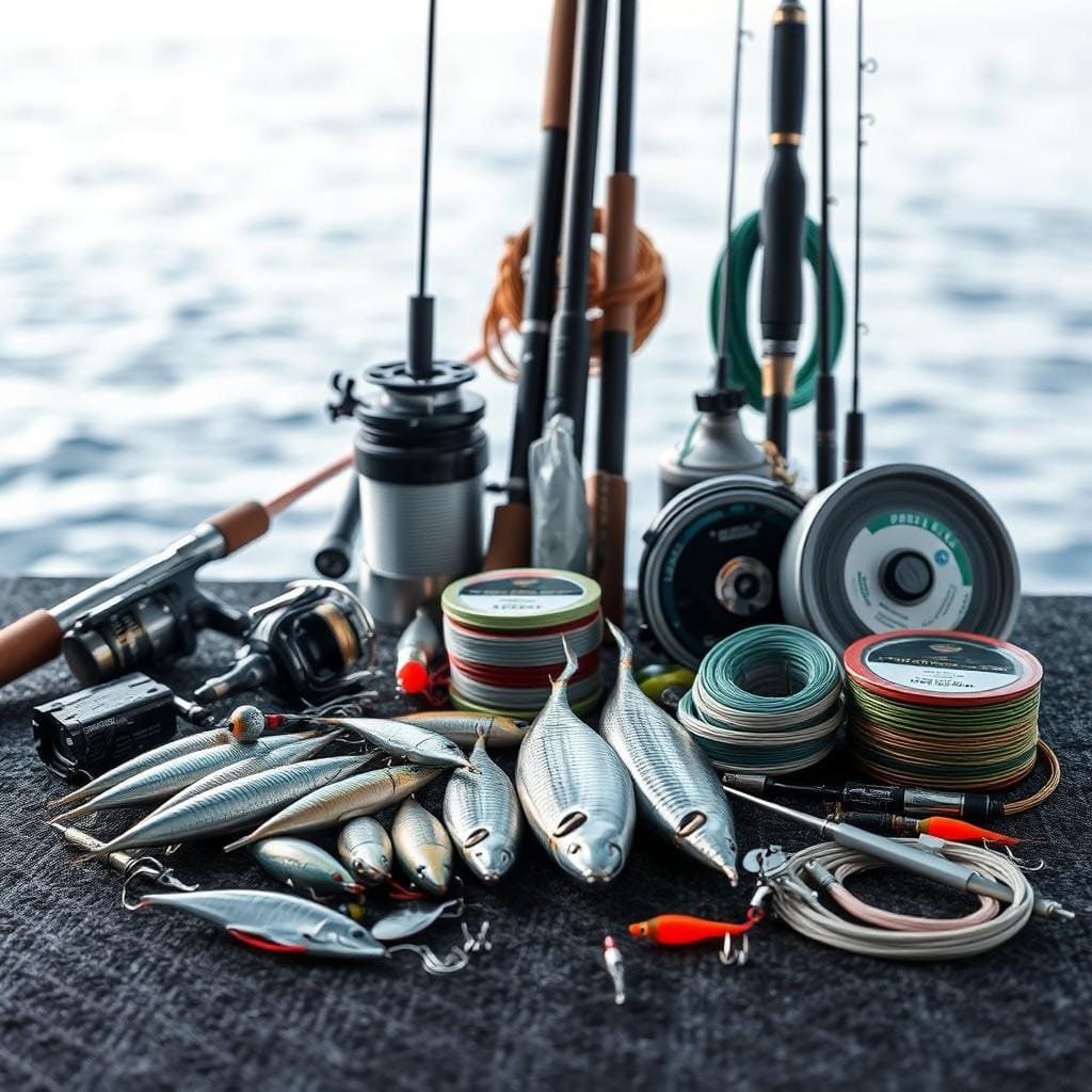 A well-lit, high-resolution photograph showcasing an assortment of essential fishing tackle and line setups for both casting and trolling spanish mackerel. In the foreground, a selection of rods, reels, lures, and terminal tackle are neatly displayed on a dark, textured surface. The middle ground features a variety of monofilament, fluorocarbon, and braided lines in different weights and colors, coiled and ready for use. In the background, a crisp, out-of-focus seascape provides a scenic backdrop, hinting at the coastal environment where this gear would be employed. The overall mood is one of professionalism and preparedness, highlighting the specialized equipment required for an effective spanish mackerel fishing expedition. A well-lit, high-resolution photograph showcasing an assortment of essential fishing tackle and line setups for both casting and trolling spanish mackerel. In the foreground, a selection of rods, reels, lures, and terminal tackle are neatly displayed on a dark, textured surface. The middle ground features a variety of monofilament, fluorocarbon, and braided lines in different weights and colors, coiled and ready for use. In the background, a crisp, out-of-focus seascape provides a scenic backdrop, hinting at the coastal environment where this gear would be employed. The overall mood is one of professionalism and preparedness, highlighting the specialized equipment required for an effective spanish mackerel fishing expedition.