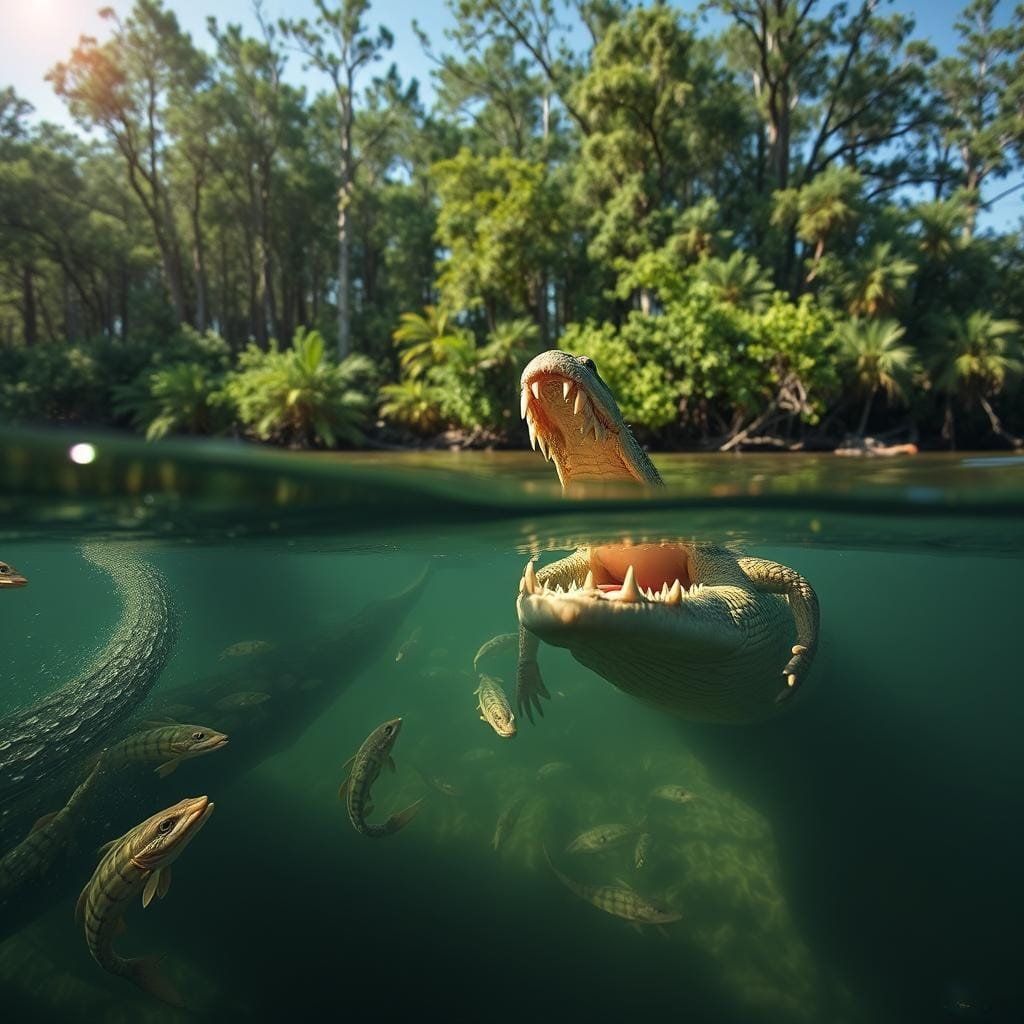 Alligator gar hunting in a lush, freshwater river ecosystem. In the foreground, an alligator gar opens its powerful jaws, revealing rows of sharp teeth, poised to ambush its prey. Sunlight filters through the dappled surface of the water, casting a warm glow on the gar's prehistoric scales. In the middle ground, schools of smaller fish dart through the submerged vegetation, while the background features a dense, verdant riverbank with towering cypress trees. The scene conveys the gar's apex predator status and its adaptations for hunting in both freshwater and brackish environments.