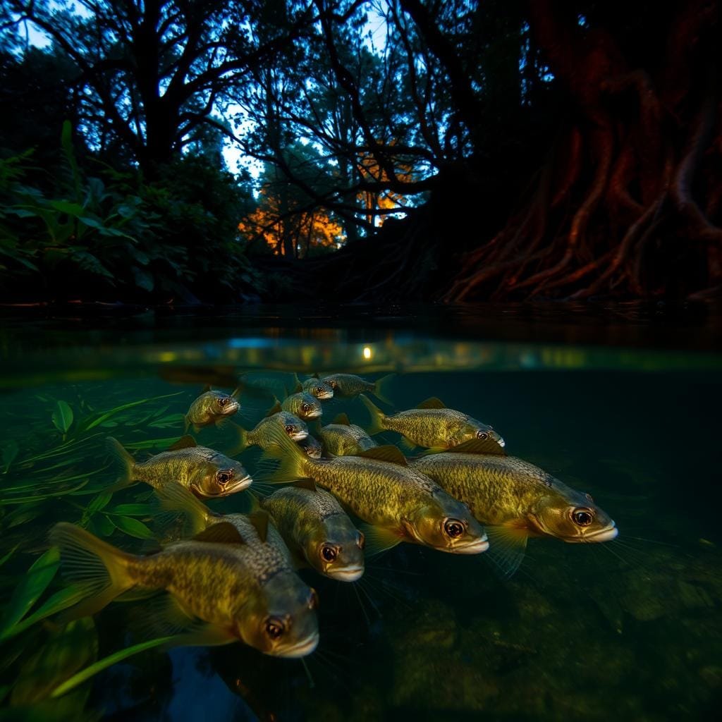 An underwater scene at dusk, with a shallow stream or pond as the focal point. In the foreground, several bullhead catfish are congregating, their whisker-like barbels gently stirring the water as they search for food. The middle ground shows lush aquatic vegetation, casting soft shadows across the surface. In the background, the dimly lit banks are lined with gnarled tree roots and overhanging foliage, creating a sense of seclusion and tranquility. Warm, diffused lighting filters through the water, illuminating the scene with a golden glow. The overall atmosphere is one of quiet activity, as the bullheads make the most of the low-light conditions to feed and thrive.