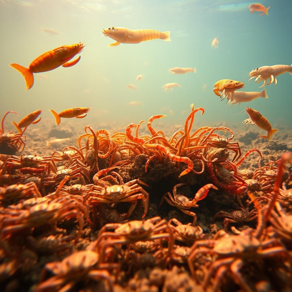 Crabs, worms, and crustaceans swimming in a lush underwater scene, their intricate textures and vibrant colors illuminated by warm, diffused lighting. In the foreground, a group of crabs scuttle across the seafloor, their spindly legs and hard carapaces contrasting with the soft, sinuous movements of a nearby school of worms. In the middle ground, larger crustaceans such as shrimp and lobsters emerge from crevices, their translucent shells catching the light. The background is hazy and dreamlike, with a sense of depth and mystery, inviting the viewer to explore the unseen depths of this vital yet often overlooked ecosystem.
