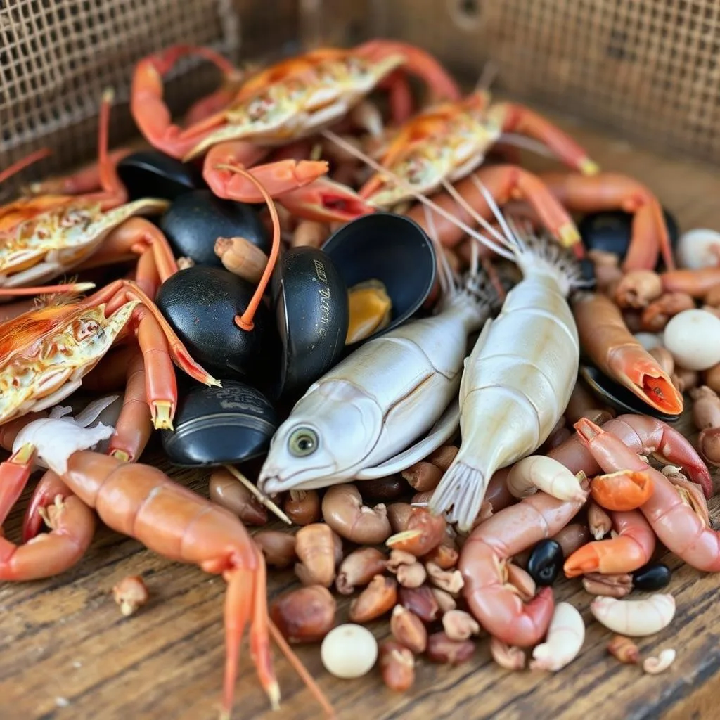 Detailed close-up image of a variety of natural baits for sheepshead fishing, including fiddler crabs, shrimp, mussels, and small crustaceans. The baits are arranged on a wooden surface, with a textured background that suggests a coastal setting. The lighting is soft and natural, highlighting the colors and textures of the baits. The composition is balanced and visually appealing, inviting the viewer to closely examine the different types of forage that sheepshead are known to feed on.