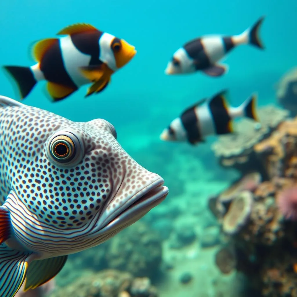 Detailed close-up of three tropical marine fish species on a natural underwater seascape. In the foreground, a gray triggerfish with its distinctive triangular body, beak-like mouth, and intricately patterned scales. In the middle ground, a clown triggerfish with bold black, white, and yellow stripes. In the background, an oceanic triggerfish gliding through the warm, blue-green water, its elongated body and striking coloration contrasting with the lush, vibrant coral reef. Soft, diffused lighting highlights the textures and rich hues of the fish, while the scene conveys a sense of serene, underwater tranquility.