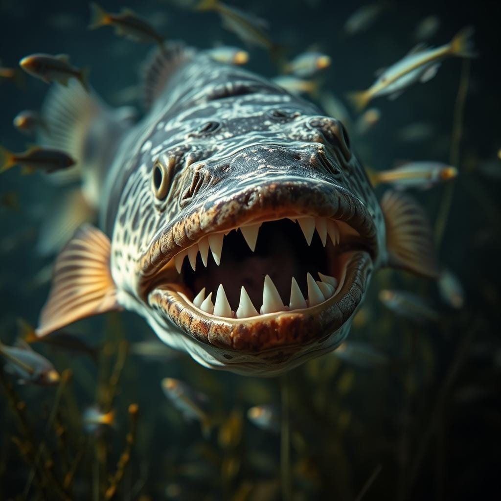 Detailed close-up shot of a flathead catfish, its mouth agape, revealing rows of sharp teeth, surrounded by a school of smaller fish and aquatic vegetation. The catfish is placed in the center of the frame, with a soft, moody lighting that casts dramatic shadows, highlighting the predatory nature of the creature. The background is slightly blurred, creating a shallow depth of field and emphasizing the focal point of the catfish. The overall atmosphere is one of a dynamic, underwater ecosystem, where the flathead catfish reigns as a dominant predator, ready to strike its unsuspecting prey. Detailed close-up shot of a flathead catfish, its mouth agape, revealing rows of sharp teeth, surrounded by a school of smaller fish and aquatic vegetation. The catfish is placed in the center of the frame, with a soft, moody lighting that casts dramatic shadows, highlighting the predatory nature of the creature. The background is slightly blurred, creating a shallow depth of field and emphasizing the focal point of the catfish. The overall atmosphere is one of a dynamic, underwater ecosystem, where the flathead catfish reigns as a dominant predator, ready to strike its unsuspecting prey.