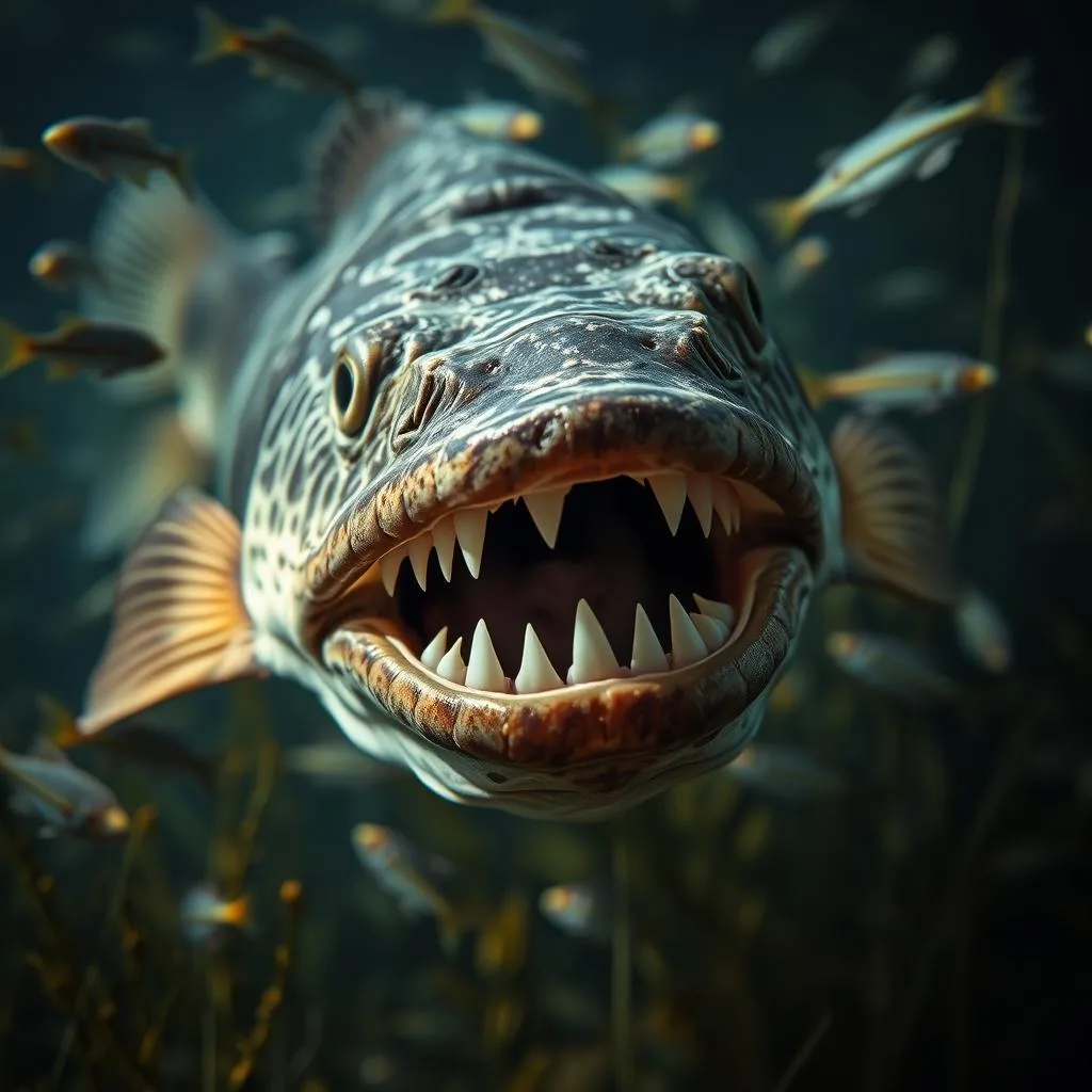 Detailed close-up shot of a flathead catfish, its mouth agape, revealing rows of sharp teeth, surrounded by a school of smaller fish and aquatic vegetation. The catfish is placed in the center of the frame, with a soft, moody lighting that casts dramatic shadows, highlighting the predatory nature of the creature. The background is slightly blurred, creating a shallow depth of field and emphasizing the focal point of the catfish. The overall atmosphere is one of a dynamic, underwater ecosystem, where the flathead catfish reigns as a dominant predator, ready to strike its unsuspecting prey.