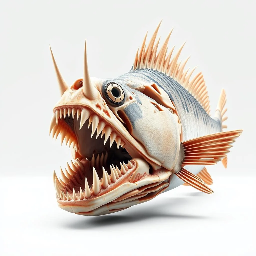 Detailed cross-section of a triggerfish's dentition and spinal apparatus, rendered in highly realistic, scientific detail. Prominent jagged teeth and sharp, spiny dorsal fins emerge from a complex, anatomical arrangement of bone, cartilage, and musculature. Viewed from a slightly elevated, front-facing angle under crisp, directional lighting that accentuates textures and forms. Background fades to a clean, neutral backdrop, allowing the subject to be the sole focus. Rendered with exacting precision to illustrate the powerful feeding mechanism of this unique marine predator.