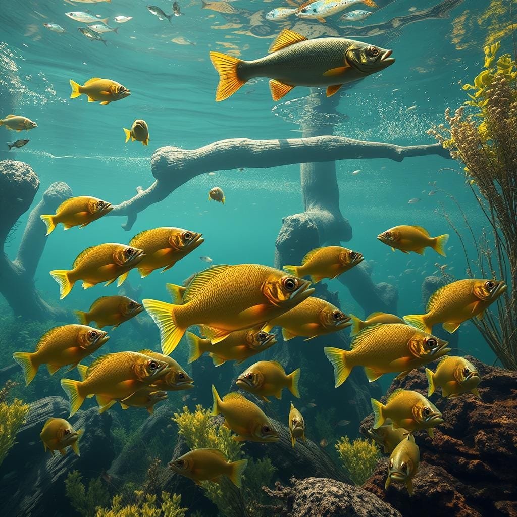 Detailed lake food web in realistic, detailed style. Foreground shows a school of yellow perch hunting smaller fish and aquatic insects. Middle ground depicts larger predators like bass and pike stalking the perch. Background features a diverse underwater ecosystem with submerged logs, aquatic plants, and schools of minnows. Warm, natural lighting filters through the clear water, casting gentle shadows. High-quality, ultra-detailed rendering with a sharp, photorealistic aesthetic and a sense of depth and scale.