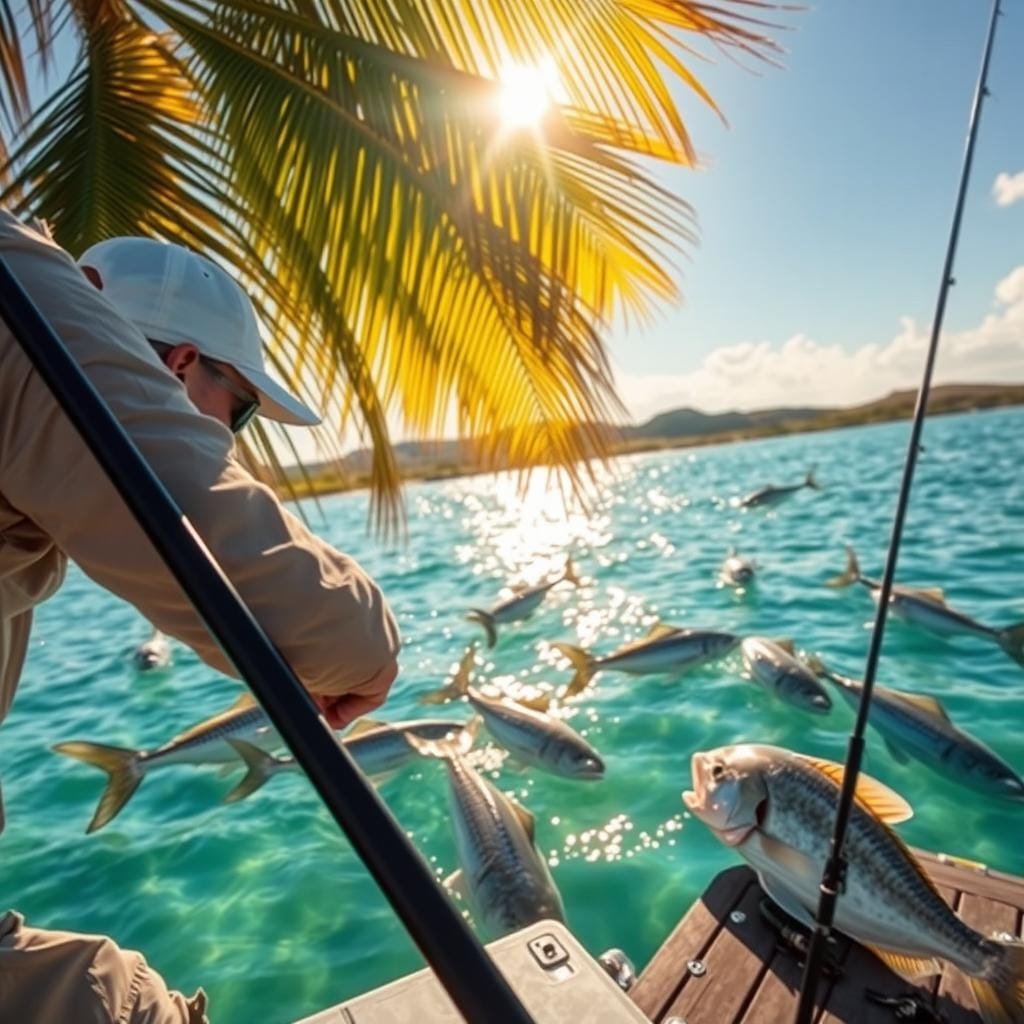 Detailed scene of a fishing dock with tarpon swimming in the crystal-clear waters below. In the foreground, a angler rests their rod, gazing thoughtfully at the legal and ethical considerations for their sport - respecting catch-and-release regulations, using barbless hooks, and minimizing harm to the magnificent tarpon. Warm afternoon sunlight filters through swaying palm fronds, casting gentle shadows across the dock. The background features a tranquil coastal landscape, with rolling hills and a distant horizon. A serene, educational atmosphere pervades the scene, highlighting the responsible practices required for sustainable tarpon fishing.
