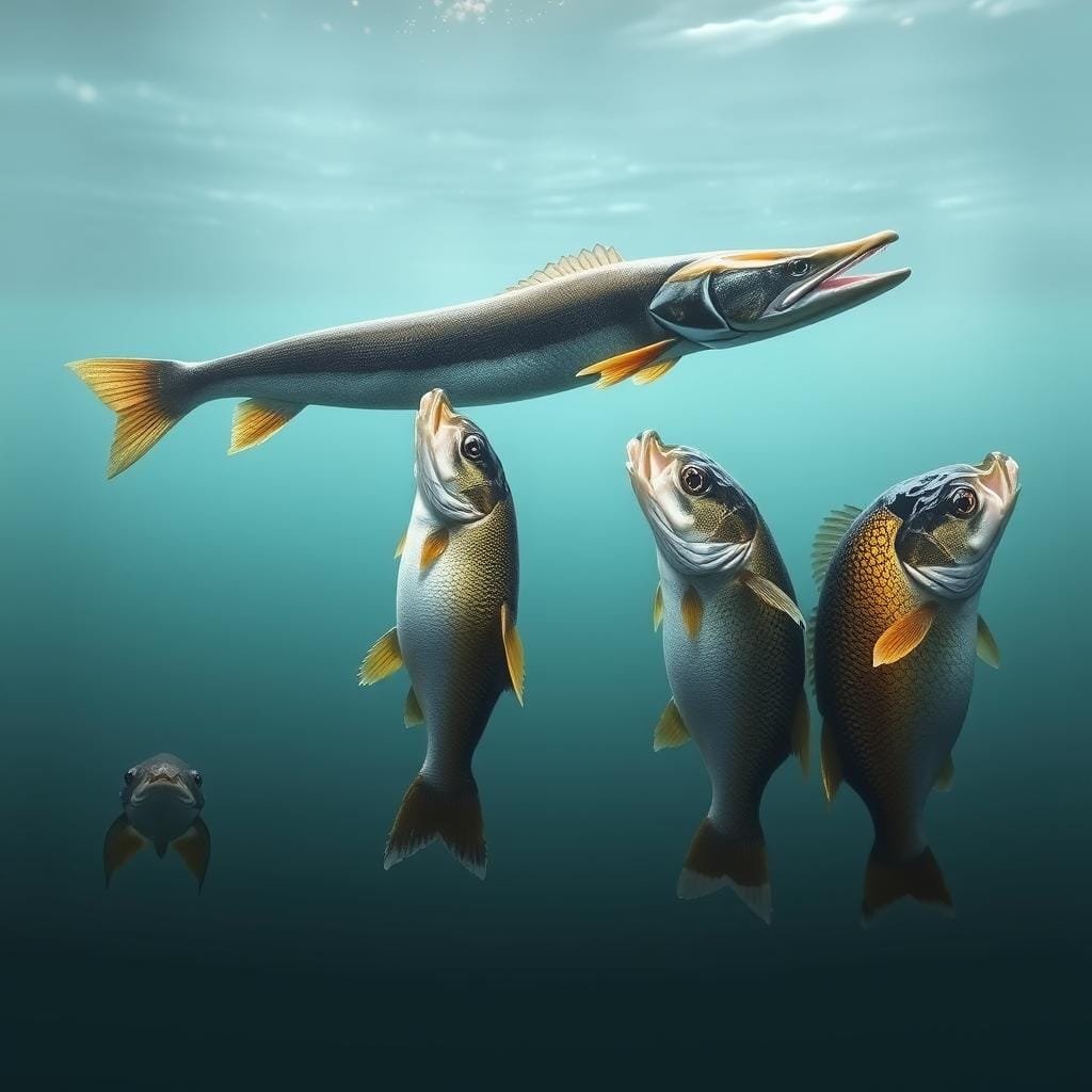 Detailed side-by-side comparison of the body shapes, sizes, and distinguishing features of a muskie, northern pike, largemouth bass, and walleye, captured in a naturalistic underwater setting with soft, diffused lighting and a slight depth of field. The scene depicts the predatory fish swimming gracefully, showcasing their unique silhouettes and visual characteristics that highlight their dietary differences and evolutionary adaptations. Rendered in a highly realistic, photographic style with a serene, contemplative mood.