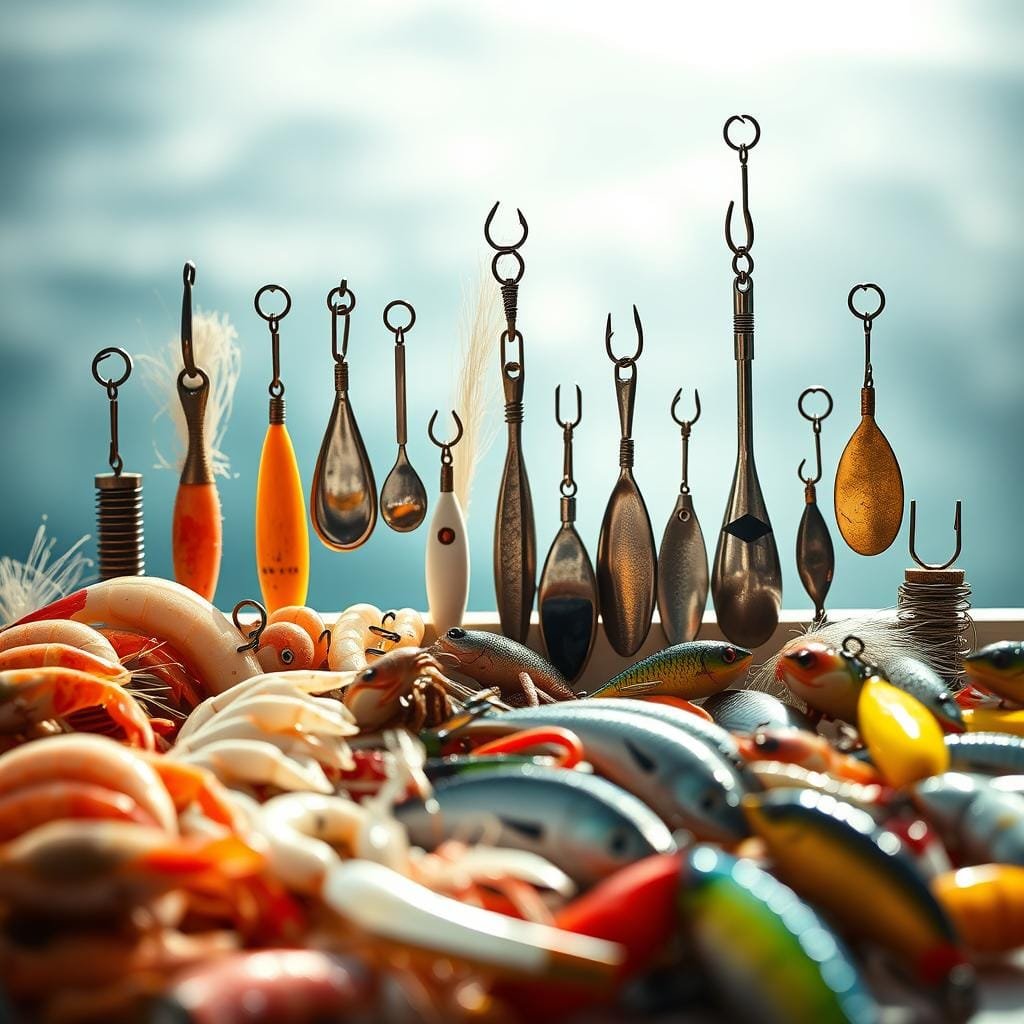 Detailed still life capturing an array of jigs and lures designed to imitate the natural prey of snappers. The foreground features a variety of soft plastic baits, including shrimp, crabs, and minnow-like baitfish, all rendered with realistic textures and colors. The middle ground displays an assortment of metal spoons, jig heads, and swimming plugs, each meticulously crafted to emulate the movement and silhouette of live prey. The background fades to a softly blurred natural setting, evoking the underwater environment where snappers hunt. Dramatic side lighting casts subtle shadows, enhancing the dimensional qualities of the tackle. The overall mood is one of scientific study, highlighting the importance of selecting the right imitation lures to successfully target this prized gamefish.
