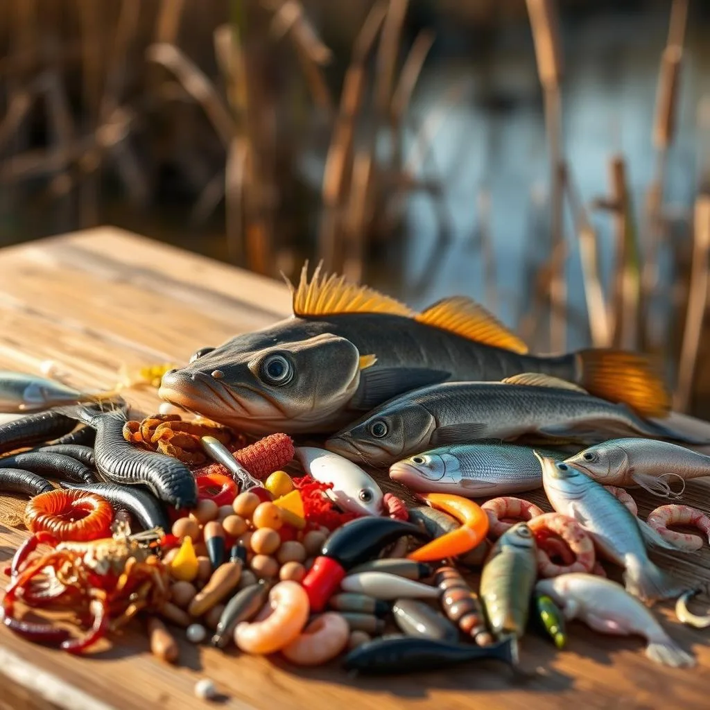 Detailed still life featuring a variety of baits that bullhead catfish are known to feed on. The foreground showcases various natural baits like nightcrawlers, minnows, crayfish, and shrimp, artfully arranged on a wooden surface. The middle ground shows a variety of artificial lures like soft plastics, spinner baits, and crankbaits that mimic the natural prey. The background features a blurred riverbank landscape with cattails and reeds, evoking the typical bullhead habitat. Warm, natural lighting from the side illuminates the scene, casting soft shadows and highlighting the textures of the baits. The overall mood is one of an informative, educational display highlighting the diverse menu and effective matching baits for catching bullhead catfish.