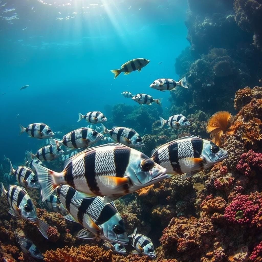 Detailed underwater scene capturing the feeding behavior and timing of sheepshead fish around their spawning migrations. A school of adult sheepshead gracefully swim in the foreground, their distinctive black and white striped bodies and large crushing teeth on full display as they feed on encrusting invertebrates on a rocky reef. In the middle ground, a pair of sheepshead are engaged in courtship, swimming in tight circles as they prepare to release their eggs and sperm. The background depicts the lush seascape, with vibrant coral formations, swaying sea fans, and shafts of warm, golden-hued sunlight filtering down from the surface. The overall mood is one of natural wonder and the cyclical rhythms of marine life. Detailed underwater scene capturing the feeding behavior and timing of sheepshead fish around their spawning migrations. A school of adult sheepshead gracefully swim in the foreground, their distinctive black and white striped bodies and large crushing teeth on full display as they feed on encrusting invertebrates on a rocky reef. In the middle ground, a pair of sheepshead are engaged in courtship, swimming in tight circles as they prepare to release their eggs and sperm. The background depicts the lush seascape, with vibrant coral formations, swaying sea fans, and shafts of warm, golden-hued sunlight filtering down from the surface. The overall mood is one of natural wonder and the cyclical rhythms of marine life.