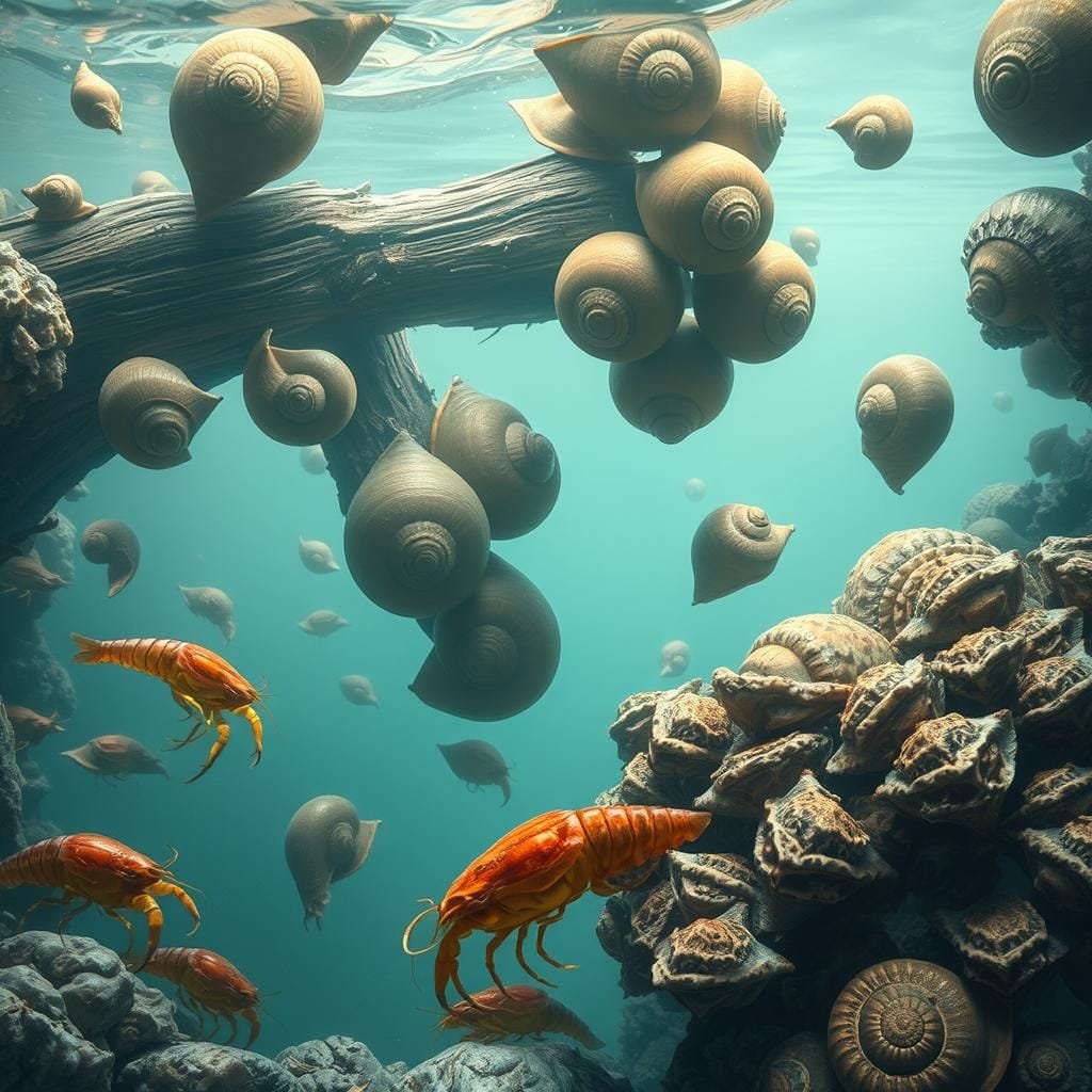 Detailed underwater scene showcasing an assortment of crustaceans and mollusks. In the foreground, scuds scuttle among rocks and debris, their translucent bodies catching the soft light. Crayfish crawl cautiously, their sturdy exoskeletons and large claws prominently displayed. In the middle ground, snails cling to submerged logs, their spiral shells catching the eye. Mussels cluster together, their rough shells partially open to reveal delicate interiors. The background is dominated by a hazy, aquamarine palette, creating a serene, natural atmosphere. Realistic textures, subtle shadows, and a sense of depth and scale bring this underwater ecosystem to life. Detailed underwater scene showcasing an assortment of crustaceans and mollusks. In the foreground, scuds scuttle among rocks and debris, their translucent bodies catching the soft light. Crayfish crawl cautiously, their sturdy exoskeletons and large claws prominently displayed. In the middle ground, snails cling to submerged logs, their spiral shells catching the eye. Mussels cluster together, their rough shells partially open to reveal delicate interiors. The background is dominated by a hazy, aquamarine palette, creating a serene, natural atmosphere. Realistic textures, subtle shadows, and a sense of depth and scale bring this underwater ecosystem to life.