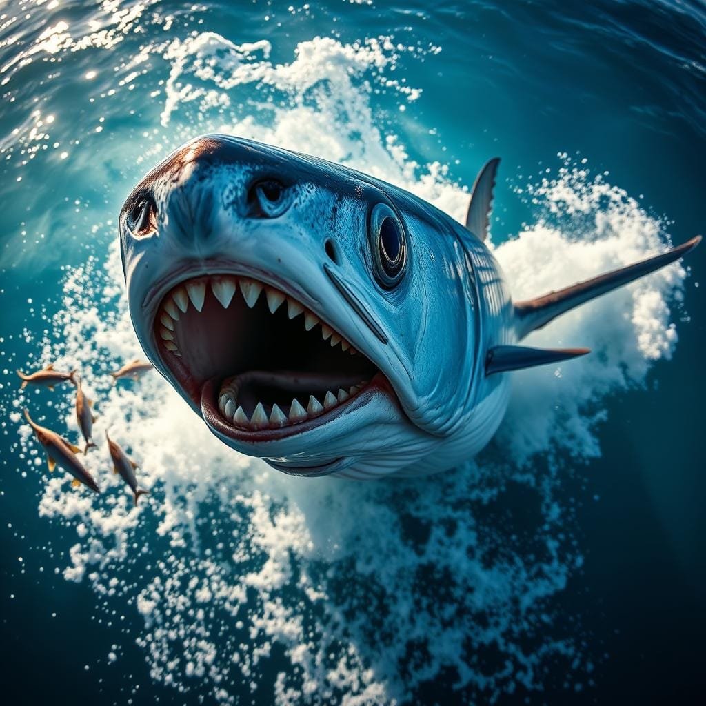 Dramatic close-up of a fierce king mackerel hunting its prey in the open ocean. The powerful predator's sharp jaws are open, revealing rows of menacing teeth as it pursues a school of smaller fish. Sunlight filters through the shimmering blue-green waves, casting dynamic shadows and highlights across the mackerel's muscular, torpedo-shaped body. Foamy white water churns in the mackerel's wake, heightening the sense of speed and aggression. The intense, predatory gaze of the king mackerel fills the frame, conveying its single-minded focus on securing its next meal.