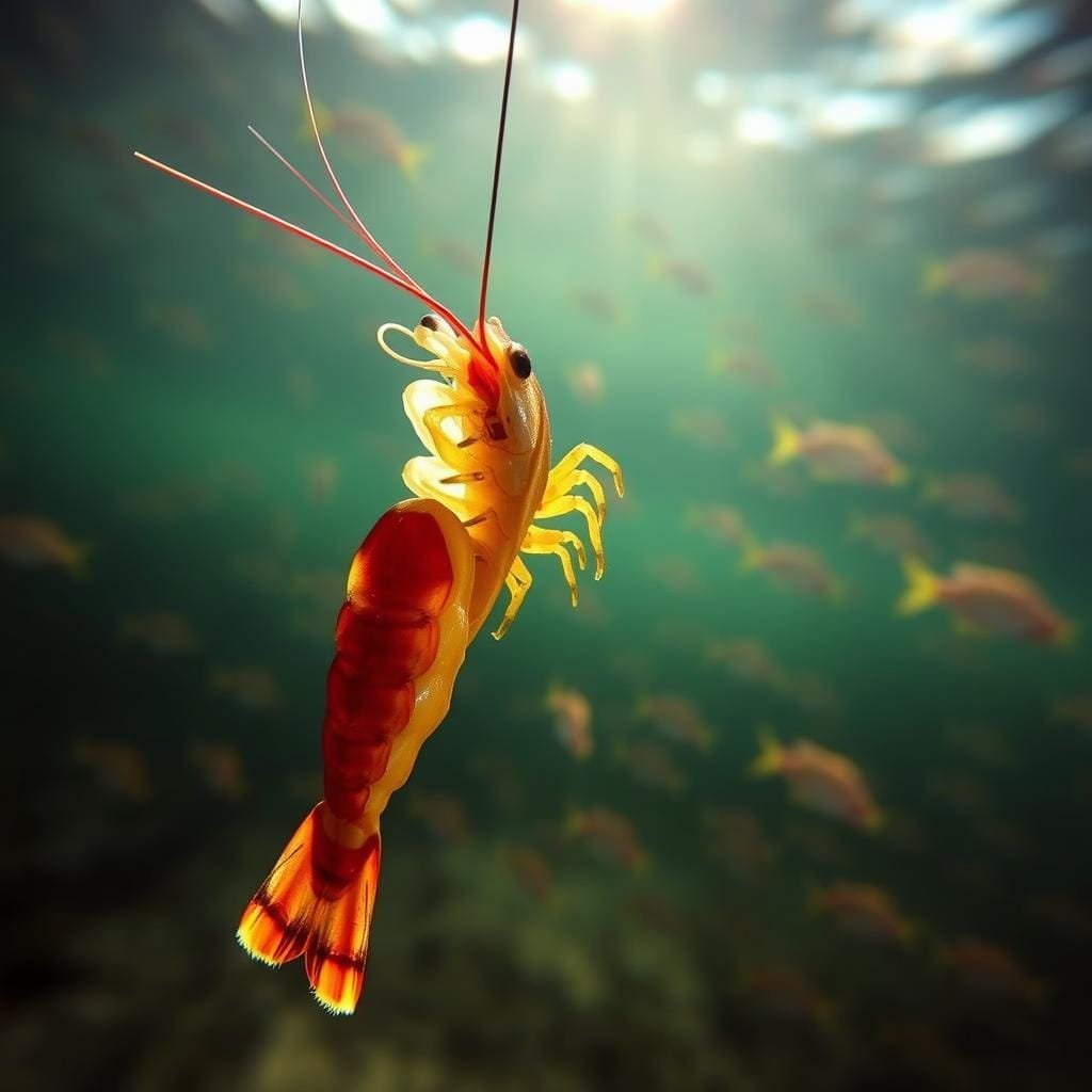 High-contrast close-up of a live shrimp with vibrant colors, suspended in the foreground against a blurred underwater backdrop with schools of small fish swimming in the distance. The shrimp's antennae and legs are sharply in focus, conveying a sense of movement and enticement. Soft, directional lighting from the side creates dramatic shadows, emphasizing the shrimp's natural texture and making its colors pop. A wide depth of field keeps the background slightly out of focus, drawing the viewer's attention to the captivating live bait. The overall mood is one of anticipation and the promise of a successful snook catch. High-contrast close-up of a live shrimp with vibrant colors, suspended in the foreground against a blurred underwater backdrop with schools of small fish swimming in the distance. The shrimp's antennae and legs are sharply in focus, conveying a sense of movement and enticement. Soft, directional lighting from the side creates dramatic shadows, emphasizing the shrimp's natural texture and making its colors pop. A wide depth of field keeps the background slightly out of focus, drawing the viewer's attention to the captivating live bait. The overall mood is one of anticipation and the promise of a successful snook catch.