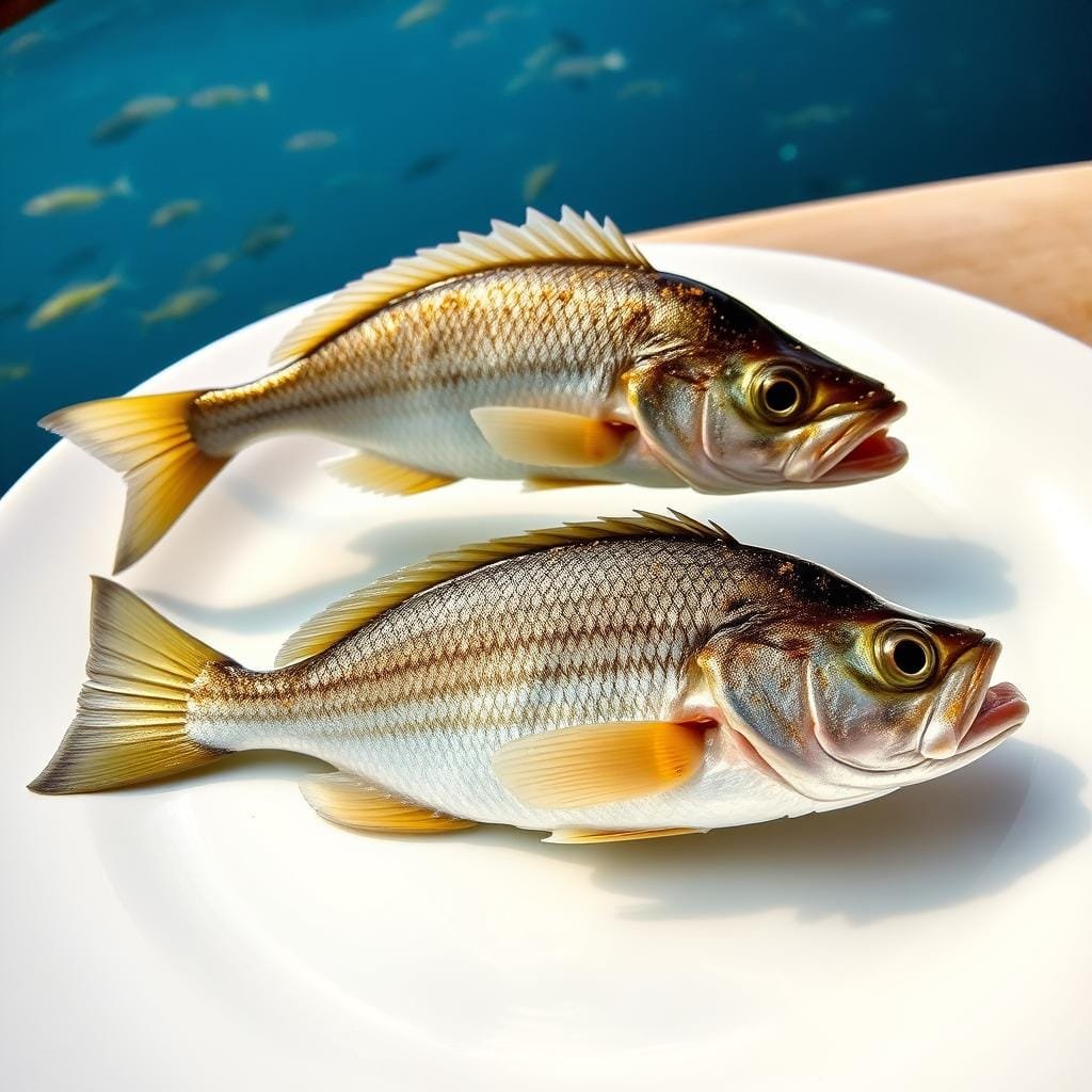 Juvenile vs. adult sea bass: a culinary contrast. In the foreground, a vibrant juvenile sea bass swims gracefully, its scales shimmering with youthful vitality. Atop the plate, a succulent adult sea bass takes center stage, its tender flesh seasoned to perfection. The background features a serene underwater scene, with schools of smaller fish darting through the crystal-clear waters. Soft, directional lighting casts a warm glow, highlighting the textures and colors of the seafood. The overall mood is one of culinary elegance, inviting the viewer to explore the diverse palate of the sea bass at different stages of its life cycle.