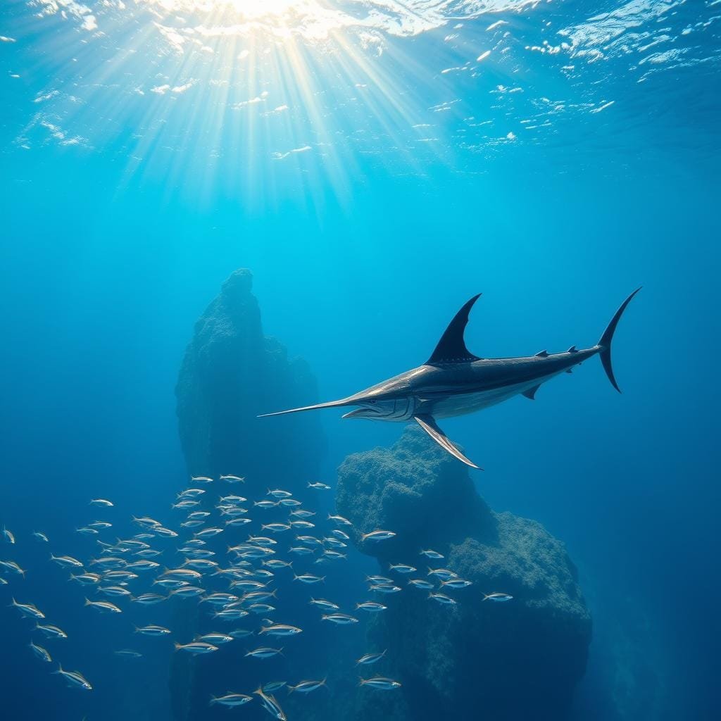 Marlin habitat: a vast, azure expanse of open ocean, shimmering with sunlight streaming through crystalline waves. In the middle ground, a school of silvery baitfish dart through the current, casting dancing shadows across the seafloor far below. Towering, kelp-draped seamounts rise from the depths, their rocky outcroppings providing shelter and ambush points for the powerful, muscular marlin. Beams of golden light pierce the surface, illuminating the marlin's sleek, hydrodynamic form as it silently cruises, scanning the water column for its next meal. The scene exudes a sense of majesty and tranquility, a window into the realm where these apex predators thrive.