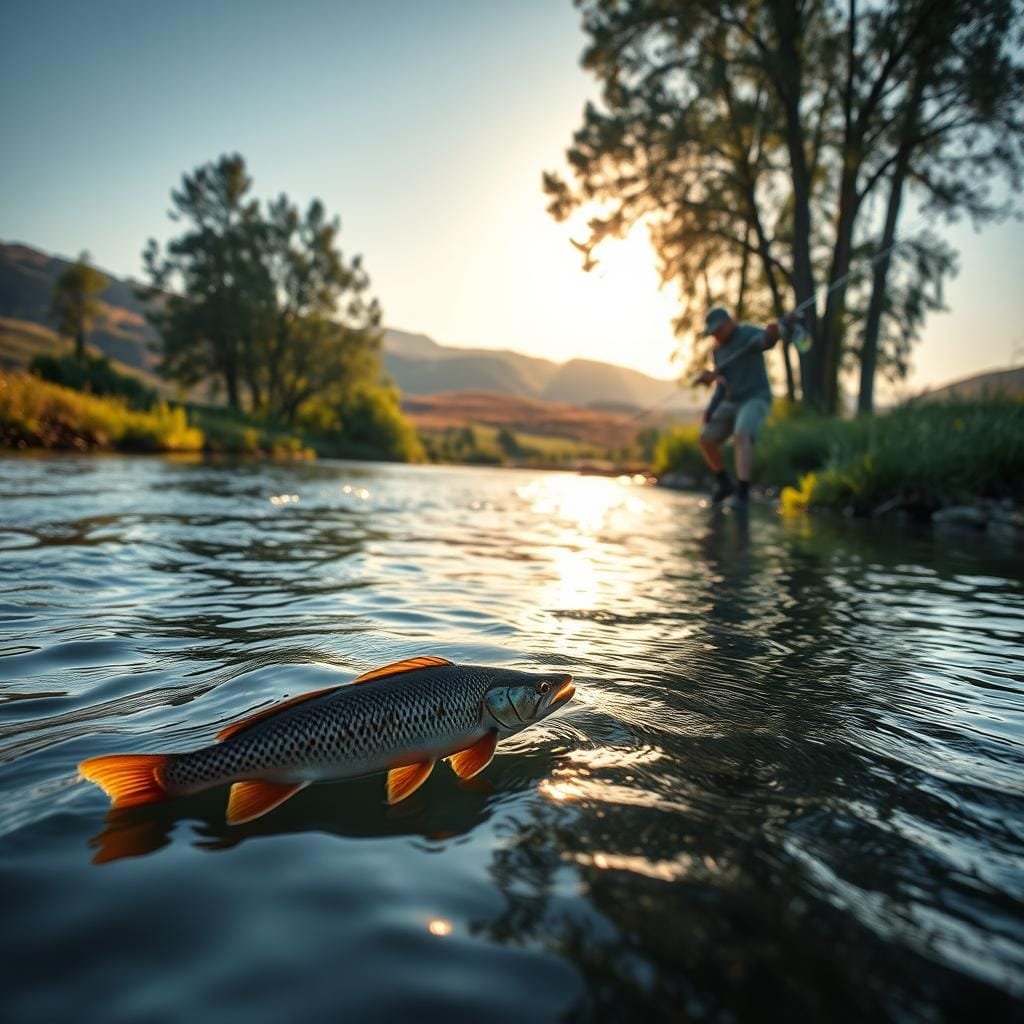 Sauger fishing expedition on a tranquil river. In the foreground, a skilled angler expertly handles a fishing rod, casting a lure into the gently flowing waters. The sauger, a freshwater fish with a distinctive spotted pattern, lurks beneath the surface, poised to strike. The middle ground showcases the riverbank, dotted with lush vegetation and towering trees that cast gentle shadows. In the background, a picturesque landscape unfolds, with rolling hills and a clear blue sky softly illuminated by the warm glow of the sun. The scene is imbued with a sense of calm and anticipation, as the angler waits patiently for the elusive sauger to take the bait.