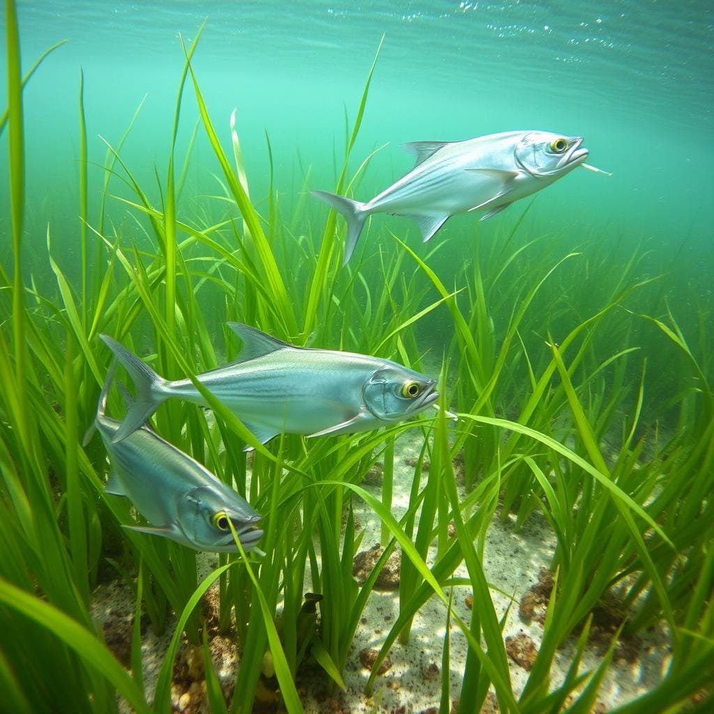 Seagrass meadow in shallow coastal waters, sunlight filtering through the undulating fronds. Pompano, their silver-gray bodies darting among the verdant blades, foraging for crustaceans and mollusks. Close-up view, capturing their sleek, streamlined forms as they hunt, their mouths opening to siphon small prey. Hazy, atmospheric lighting evokes the tranquil, underwater realm where pompano thrive, their habitat-driven dining a delicate dance between predator and prey. Seagrass meadow in shallow coastal waters, sunlight filtering through the undulating fronds. Pompano, their silver-gray bodies darting among the verdant blades, foraging for crustaceans and mollusks. Close-up view, capturing their sleek, streamlined forms as they hunt, their mouths opening to siphon small prey. Hazy, atmospheric lighting evokes the tranquil, underwater realm where pompano thrive, their habitat-driven dining a delicate dance between predator and prey.