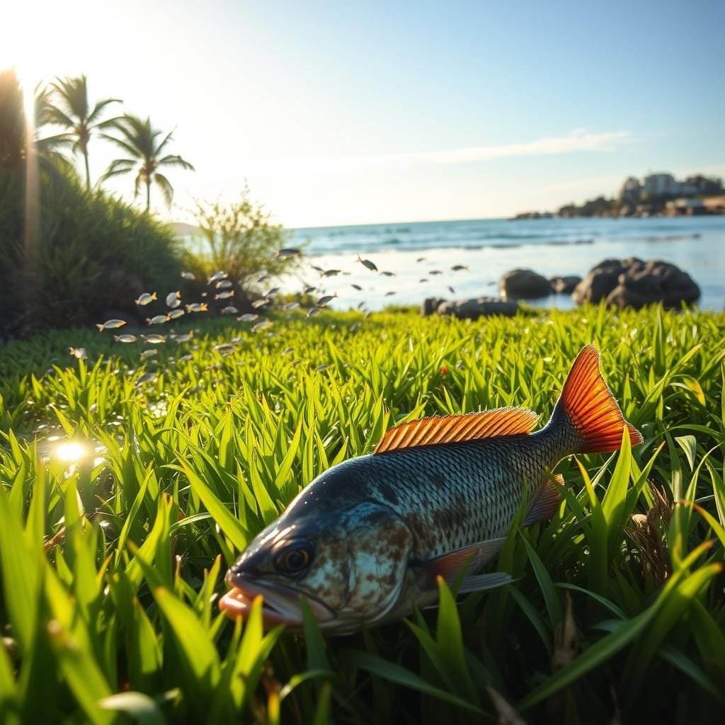Seasonal and habitat influences on feeding: A serene coastal scene, with a black drum fish foraging in a lush seagrass bed. The sun casts a warm glow, illuminating the water's surface and the fish's scales. In the middle ground, a school of baitfish dart through the swaying vegetation, while the distant shoreline is dotted with palm trees and rocky outcroppings. The composition captures the dynamic interplay between the fish, its aquatic environment, and the changing seasons that shape its feeding behaviors.
