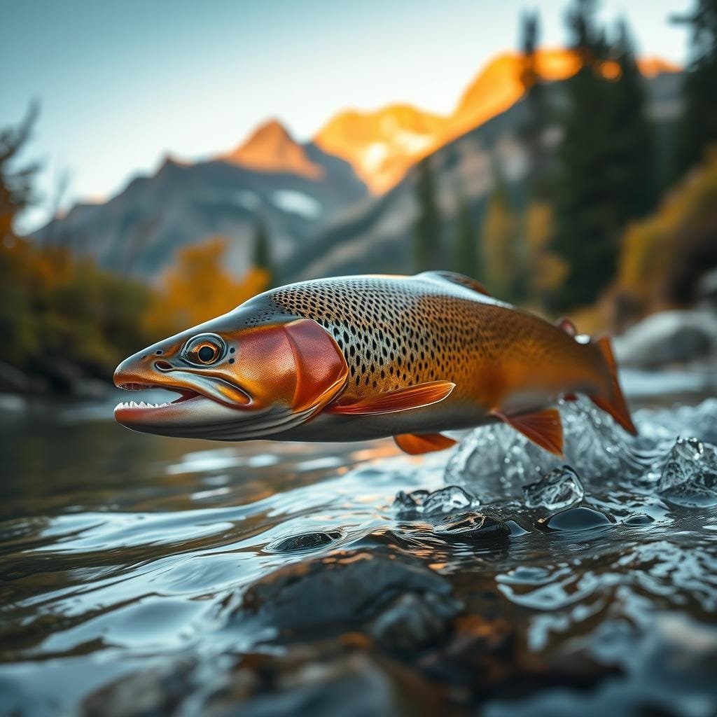 Seasonal and lifecycle shifts in feeding of a majestic brown trout. In the foreground, the trout navigates a crystal-clear stream, its body poised to strike prey. Midground reveals lush, verdant foliage along the riverbank, reflecting the changing seasons. In the background, a picturesque mountain landscape bathes in warm, golden-hour lighting, casting a serene ambiance. The trout's movements are captured with a shallow depth of field, emphasizing its graceful power. Tones are rich and earthy, complementing the natural setting. Cinematic composition and muted colors evoke a sense of timelessness, mirroring the cyclical nature of the trout's feeding behaviors across its life stages. Seasonal and lifecycle shifts in feeding of a majestic brown trout. In the foreground, the trout navigates a crystal-clear stream, its body poised to strike prey. Midground reveals lush, verdant foliage along the riverbank, reflecting the changing seasons. In the background, a picturesque mountain landscape bathes in warm, golden-hour lighting, casting a serene ambiance. The trout's movements are captured with a shallow depth of field, emphasizing its graceful power. Tones are rich and earthy, complementing the natural setting. Cinematic composition and muted colors evoke a sense of timelessness, mirroring the cyclical nature of the trout's feeding behaviors across its life stages.