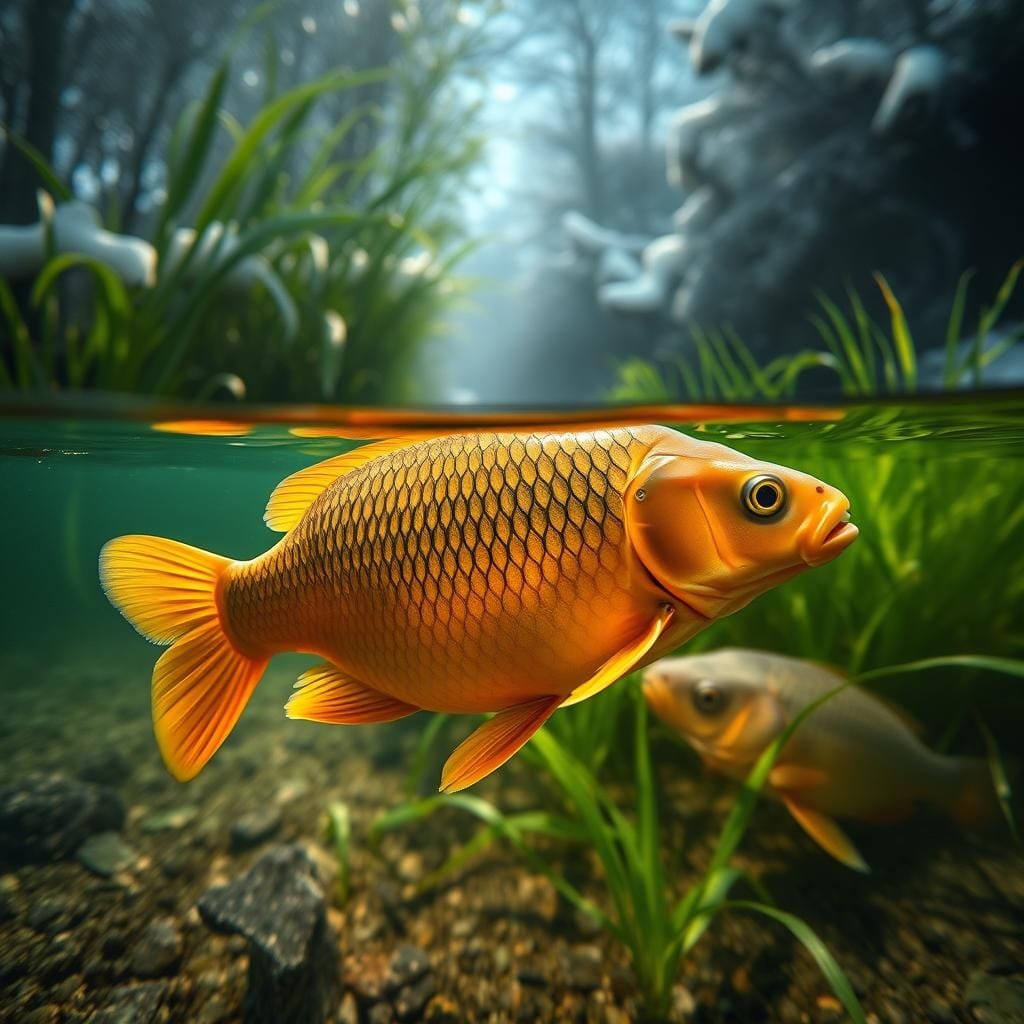 Seasonal and temperature-driven feeding behavior of a common carp. In the foreground, a carp swims gracefully, its vibrant scales reflecting the warm light of summer. In the middle ground, lush aquatic vegetation sways gently, creating a verdant underwater landscape. In the background, a dimly lit winter scene, the carp huddled close to the riverbed, its movements sluggish and deliberate, adapting to the colder temperatures. Crisp, high-resolution photographic style, cinematic lighting, and a sense of depth and scale, capturing the carp's nuanced feeding habits throughout the changing seasons.