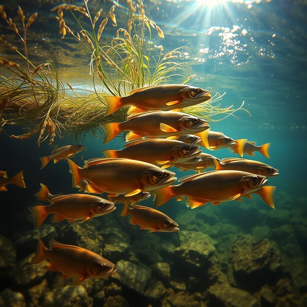 Seasonal smallmouth patterns: a vibrant underwater scene, sunlight filtering through the water, casting a warm glow on a rocky riverbed. In the foreground, a school of smallmouth bass hover, their bronze-colored bodies subtly swaying with the current. In the middle ground, aquatic vegetation sways, providing cover and ambush points for the predatory fish. The background reveals the depth of the river, with light dancing on the surface and a sense of depth and mystery. The overall mood is one of tranquility and anticipation, capturing the essence of the seasonal patterns that guide these elusive gamefish. Seasonal smallmouth patterns: a vibrant underwater scene, sunlight filtering through the water, casting a warm glow on a rocky riverbed. In the foreground, a school of smallmouth bass hover, their bronze-colored bodies subtly swaying with the current. In the middle ground, aquatic vegetation sways, providing cover and ambush points for the predatory fish. The background reveals the depth of the river, with light dancing on the surface and a sense of depth and mystery. The overall mood is one of tranquility and anticipation, capturing the essence of the seasonal patterns that guide these elusive gamefish.